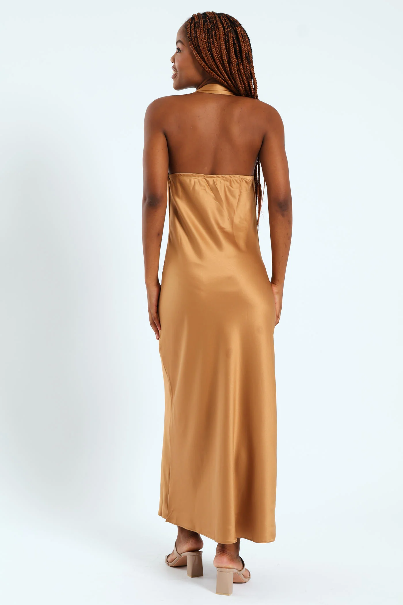 Cowl Trim Detail Satin Dress - Tobacco - Image 4