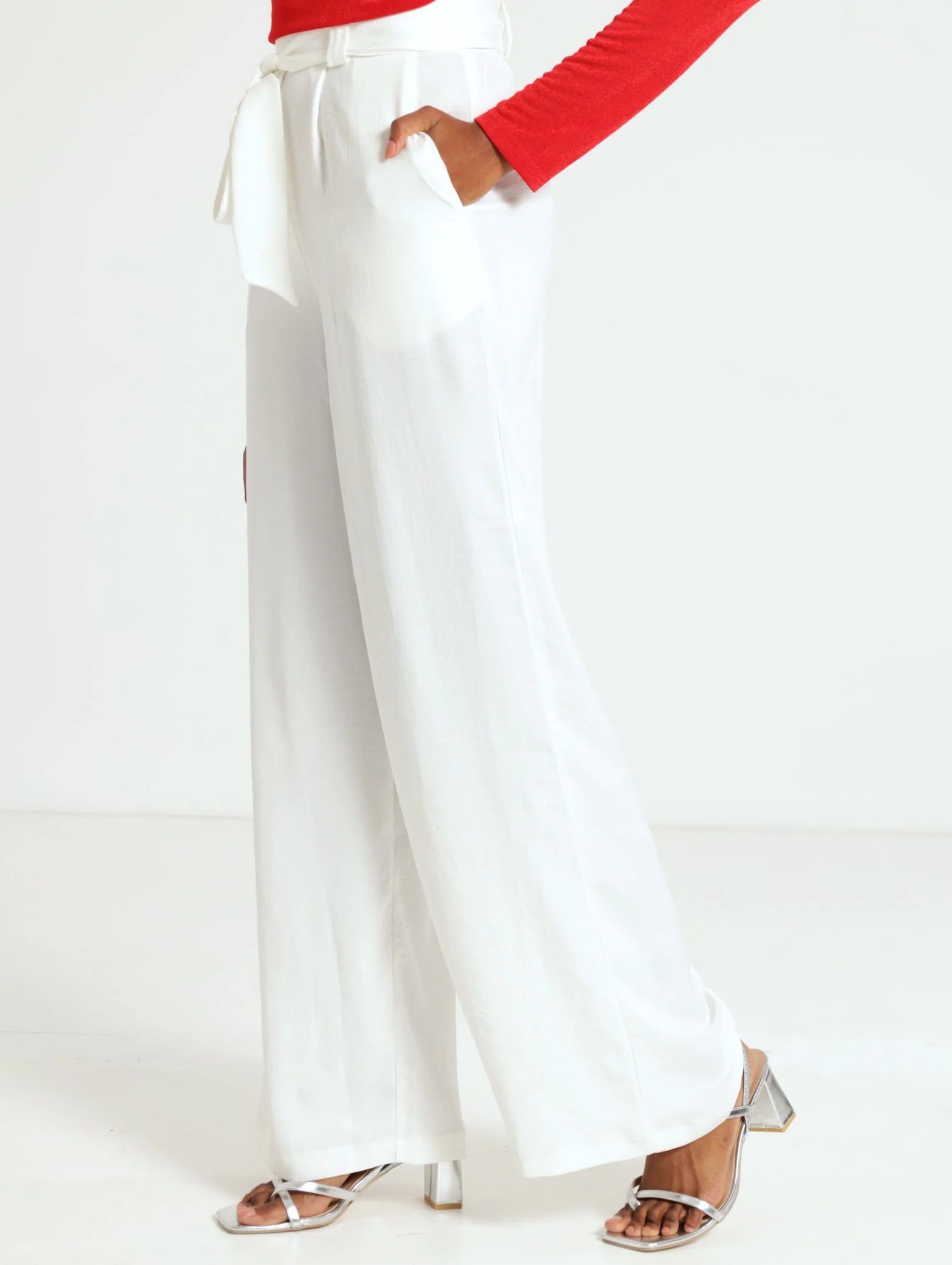 Cream Belted Wide Leg Pants - Image 2
