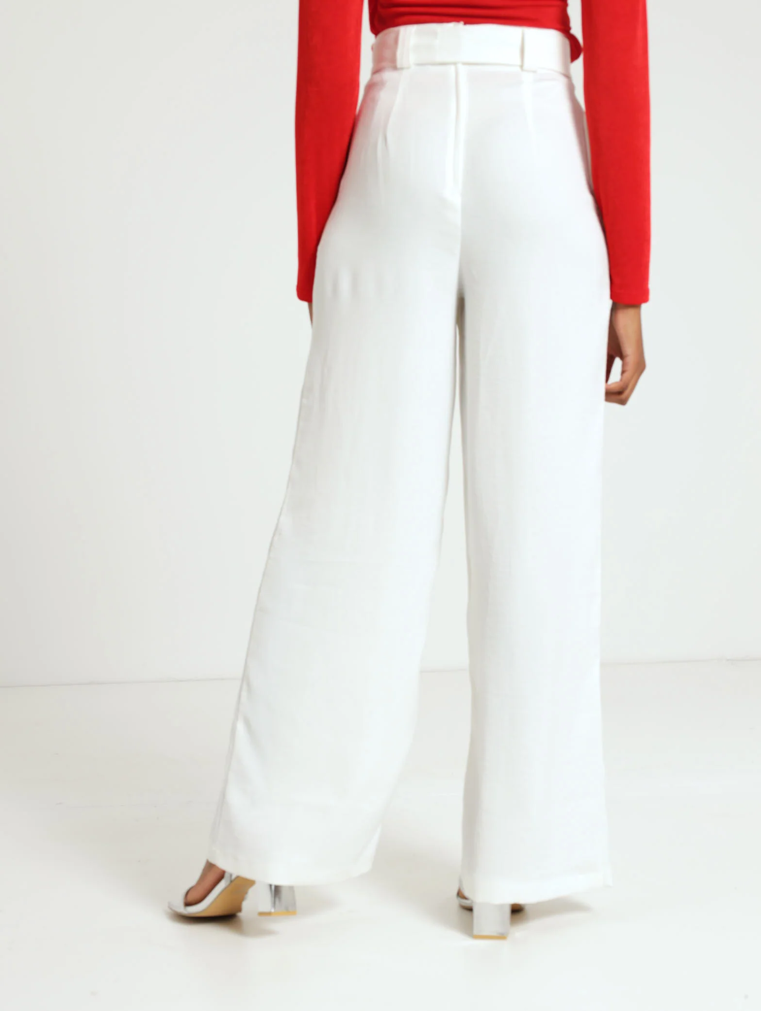 Cream Belted Wide Leg Pants - Image 3