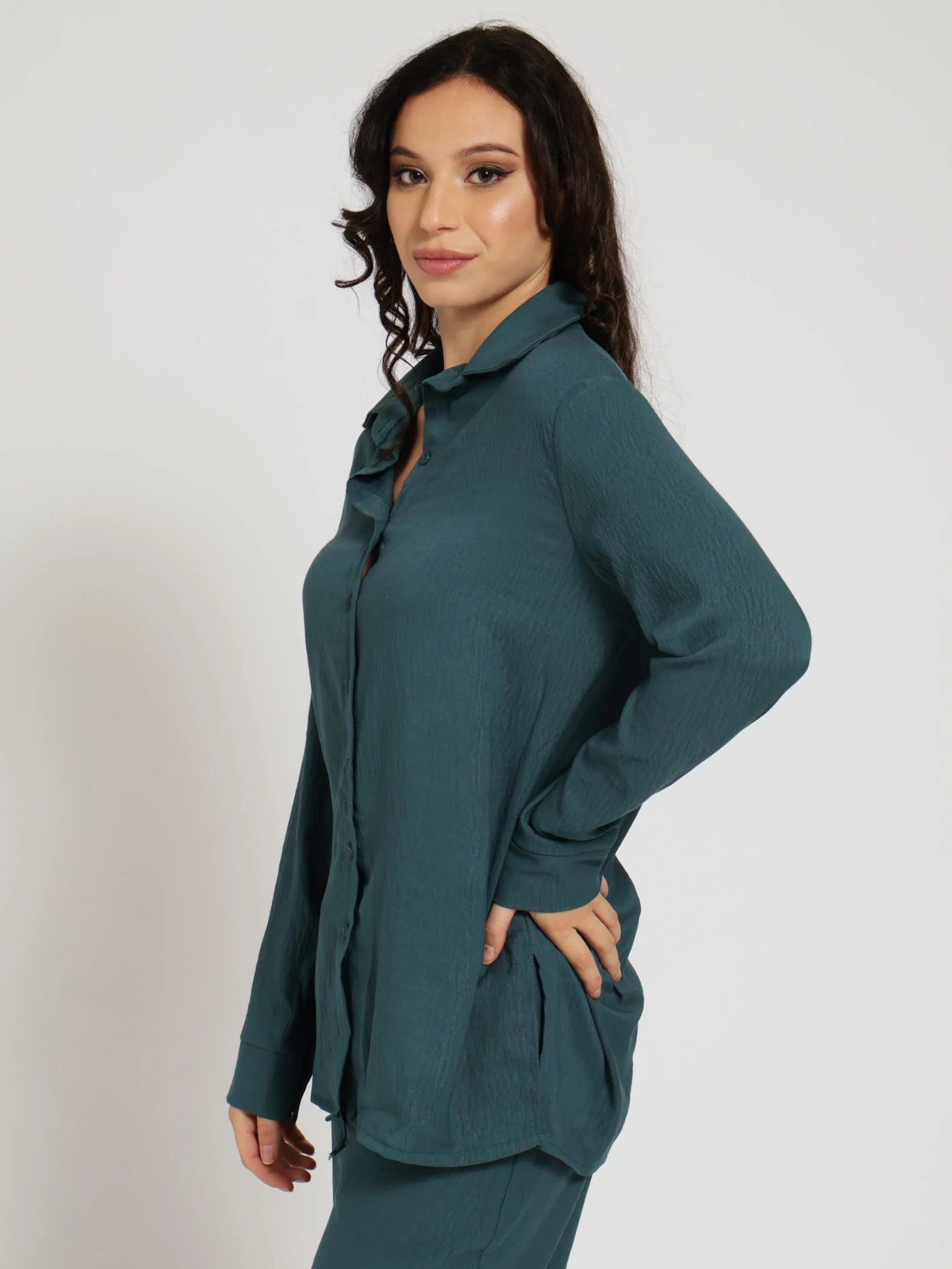 Crinkle Button Through Shirt - Teal - Image 2