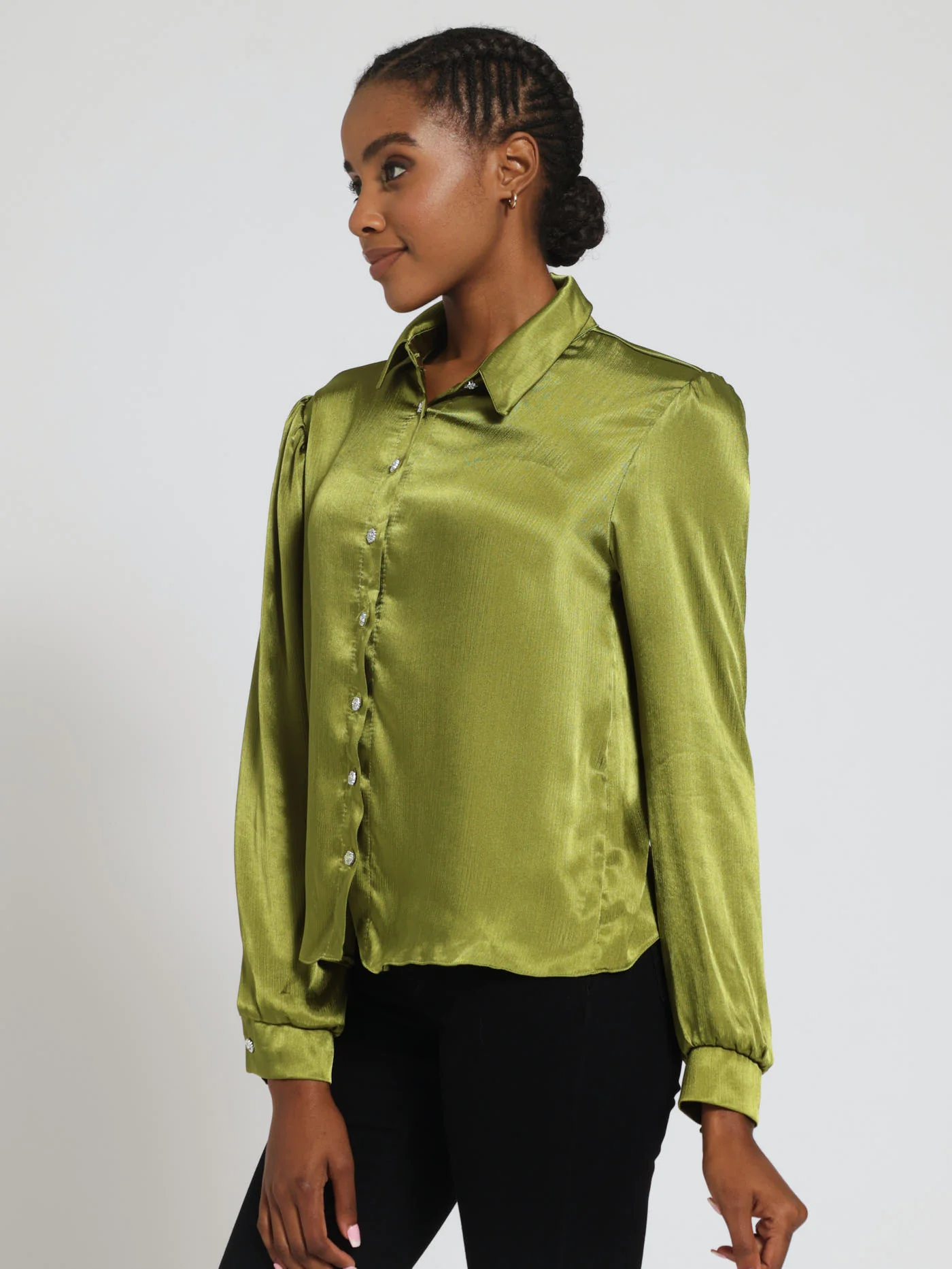 Crinkle Chiffon Fancy Button Shirt - Fatigue - Image 2