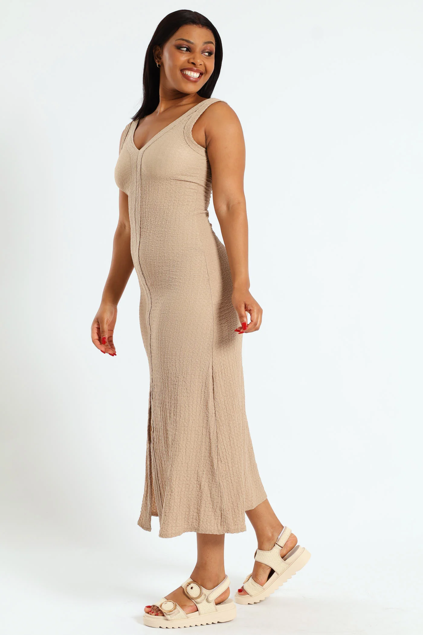 Crinkle Knit Binding Front Maxi Dress - Beige - Image 2