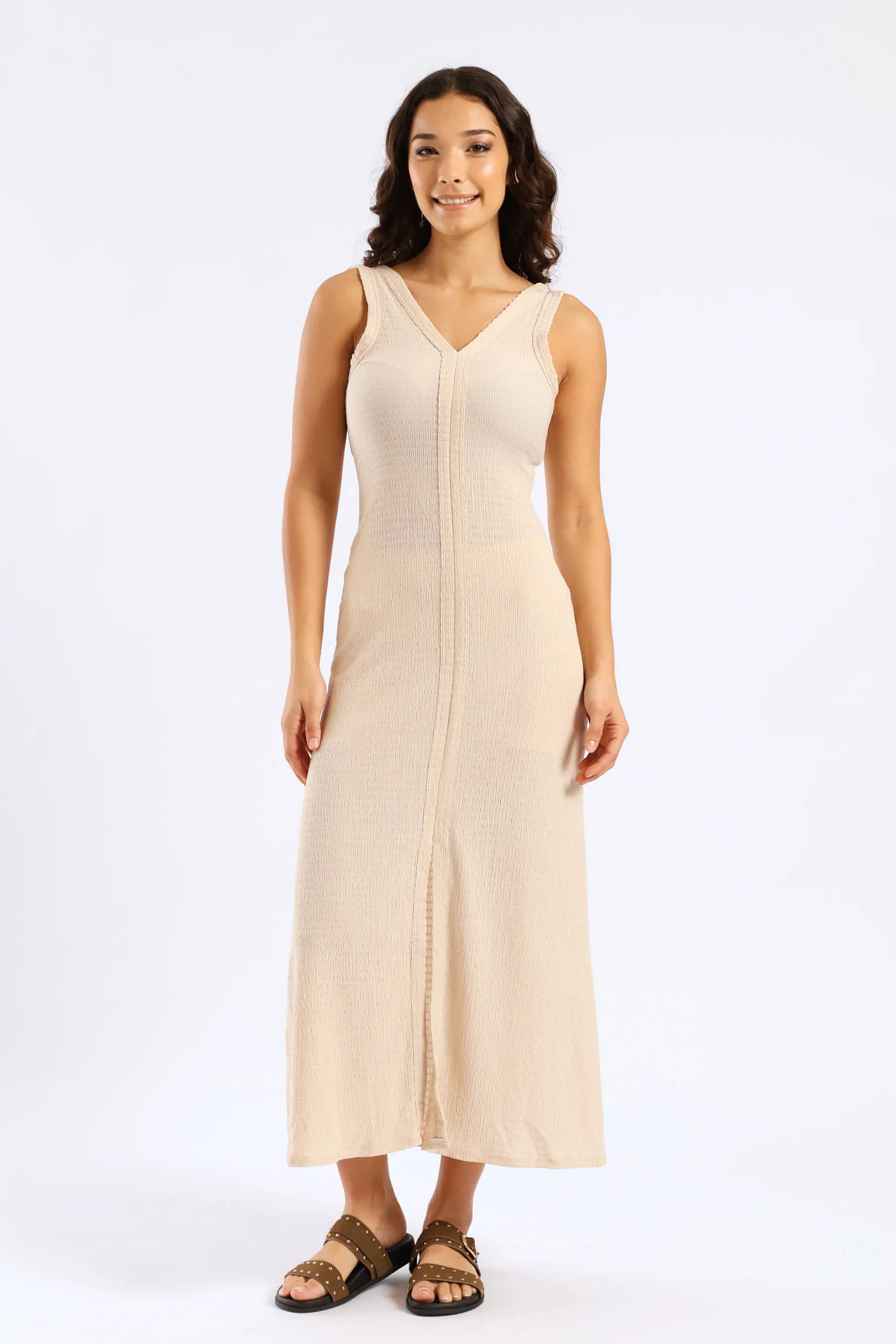 Crinkle Knit Binding Front Maxi Dress - Cream