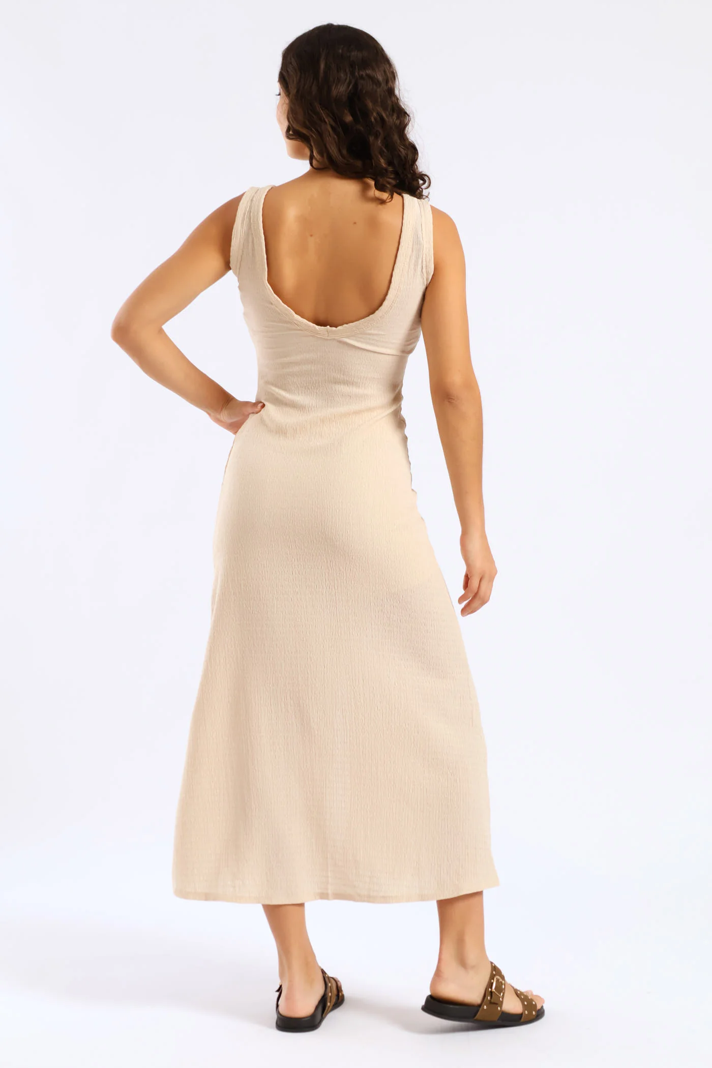 Crinkle Knit Binding Front Maxi Dress - Cream - Image 2