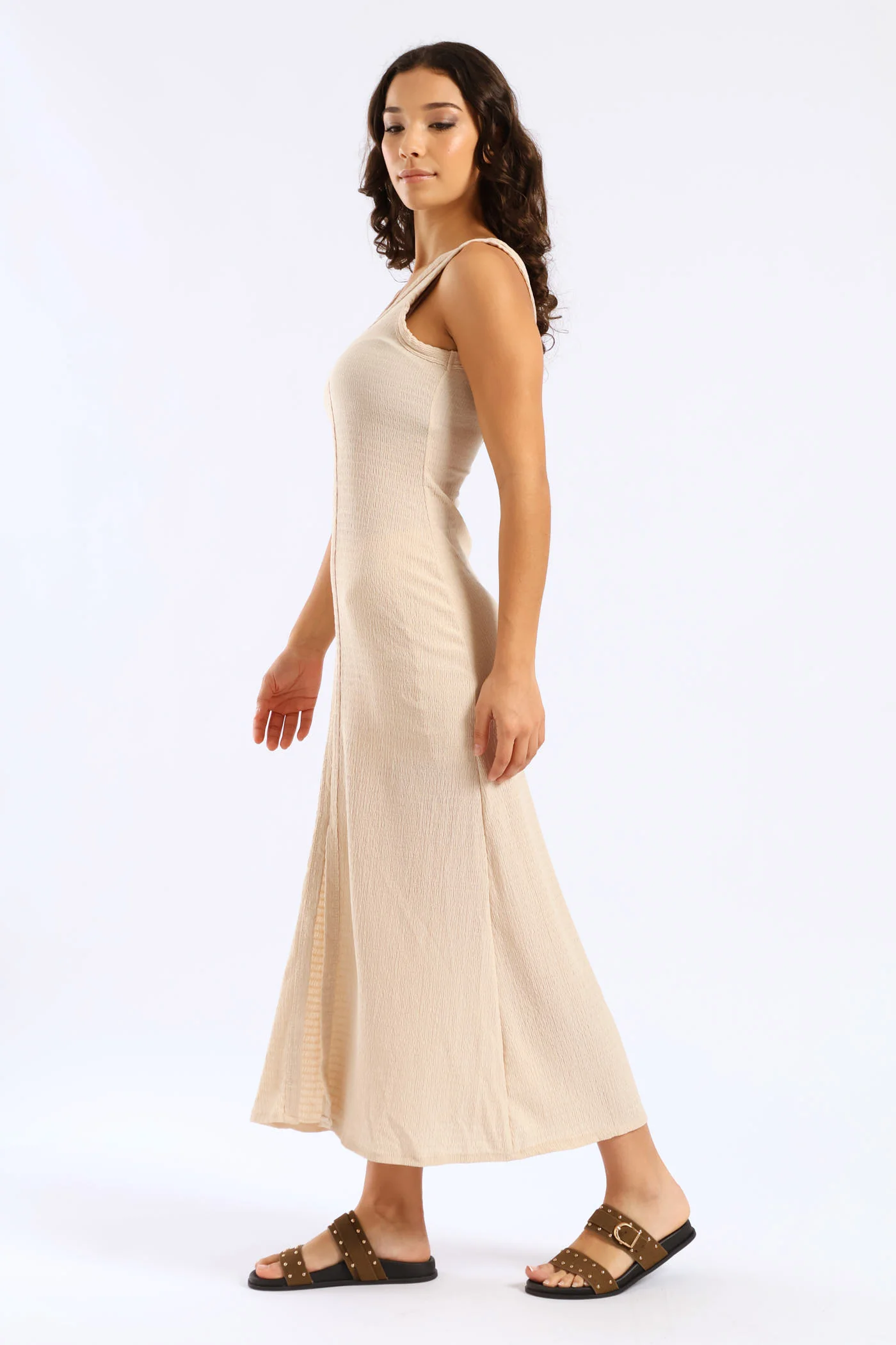 Crinkle Knit Binding Front Maxi Dress - Cream - Image 4