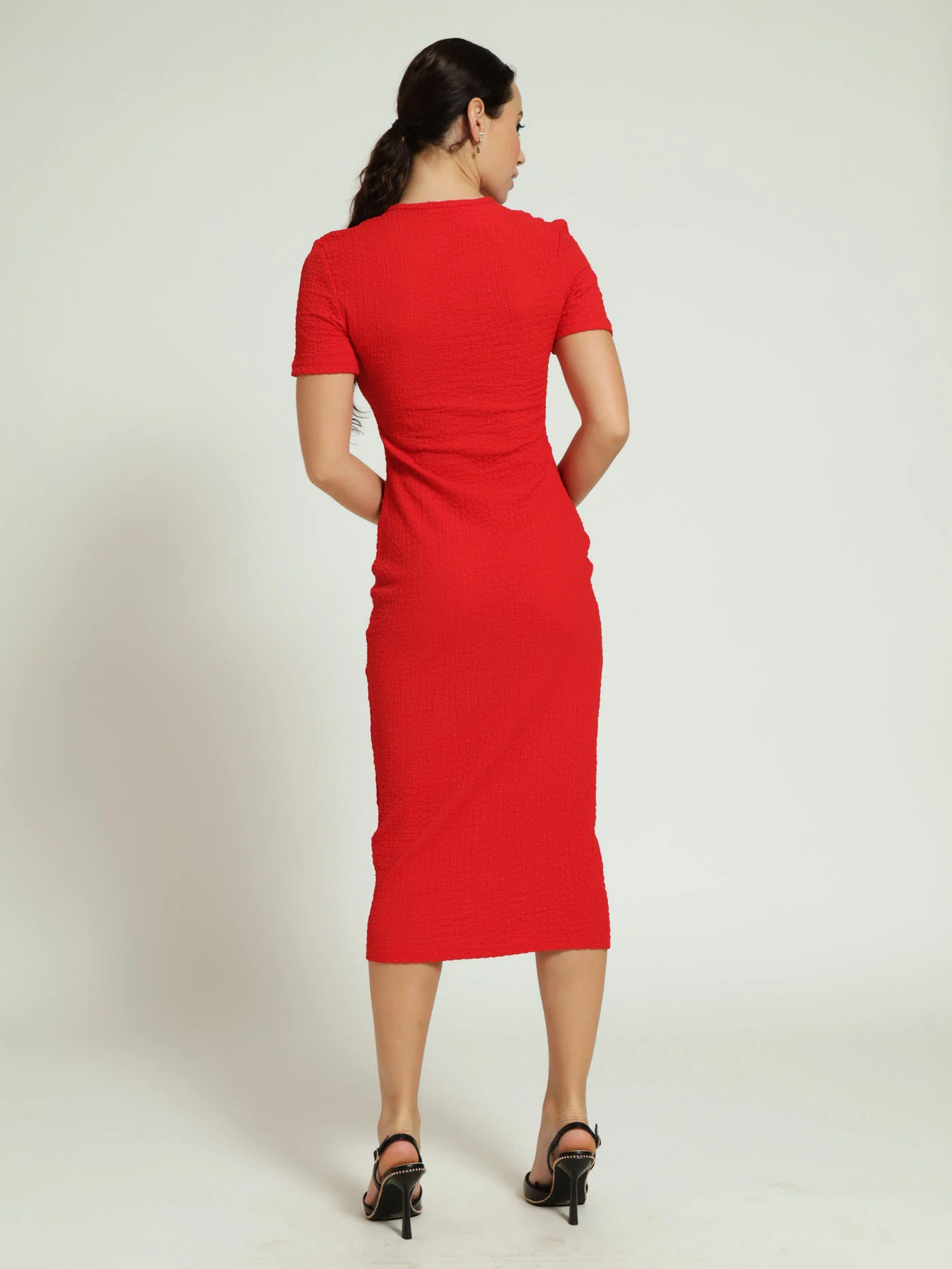 Crinkle Knit Bodycon Midaxi Dress - Red - Image 4