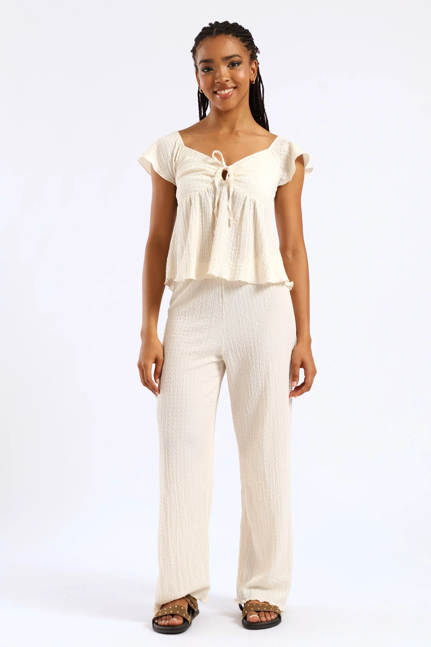 Crinkle Knit Culotte Pants - Cream - Image 3