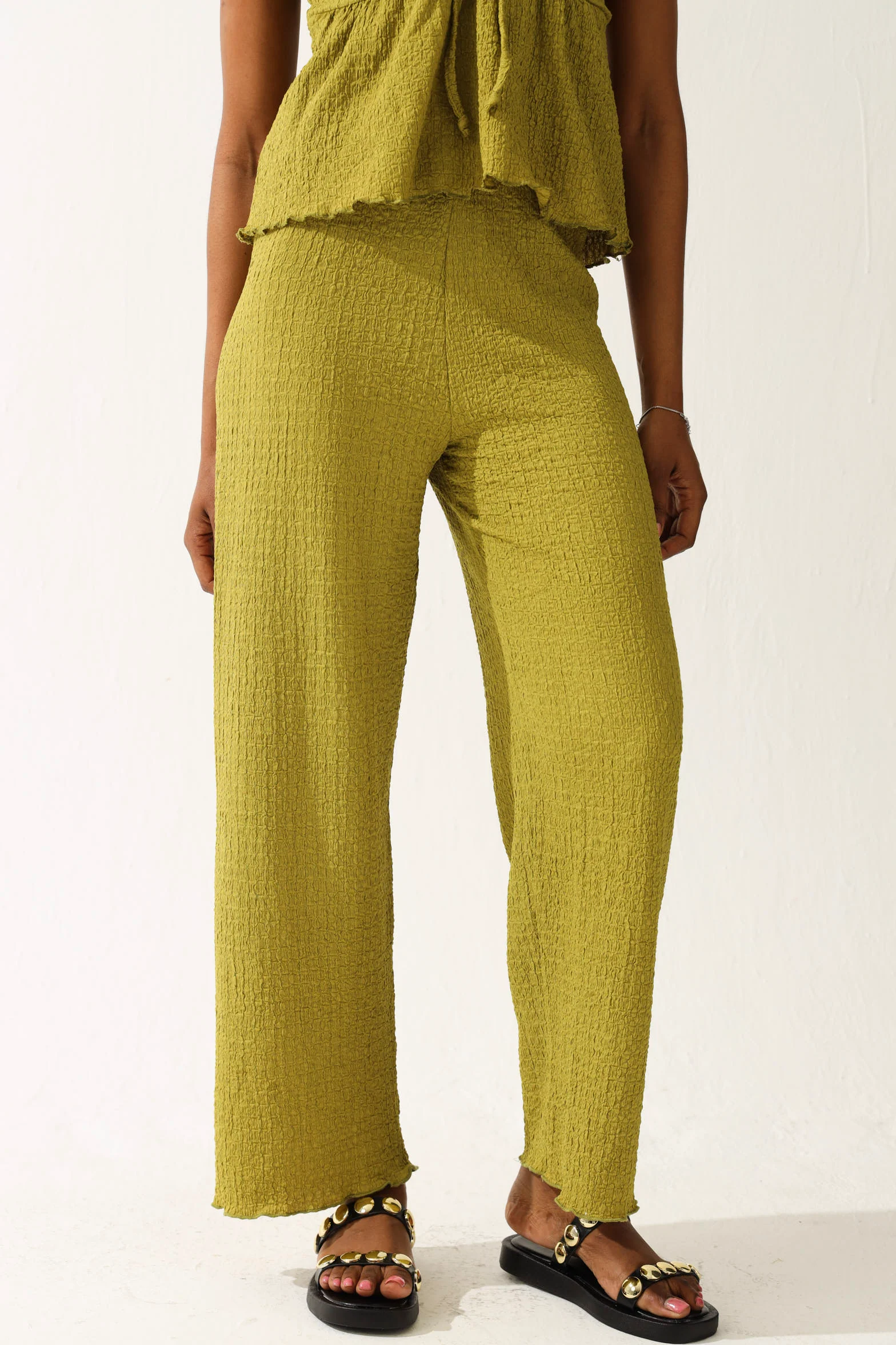 Crinkle Knit Culotte Pants - Olive - Image 2