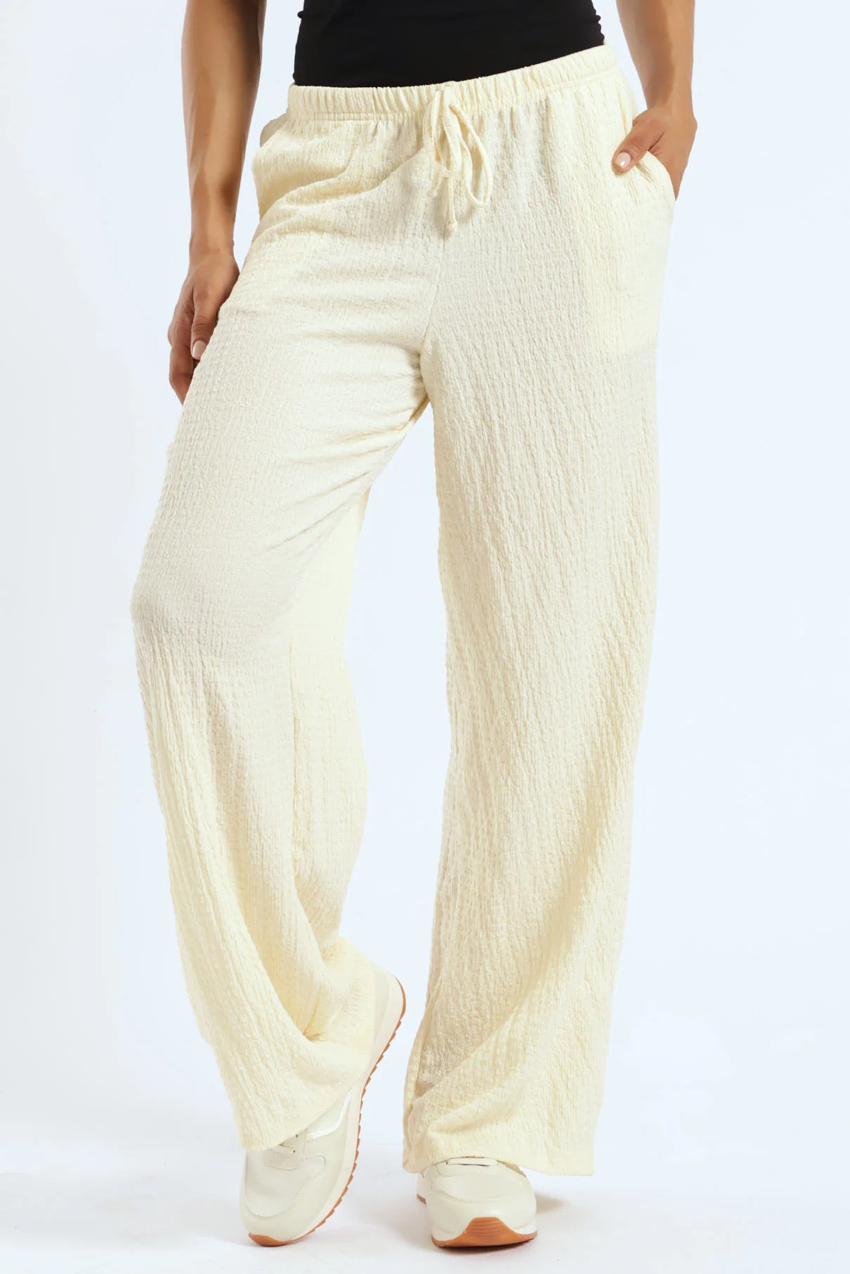 Crinkle Knit Elasticated Waist Pants - Cream