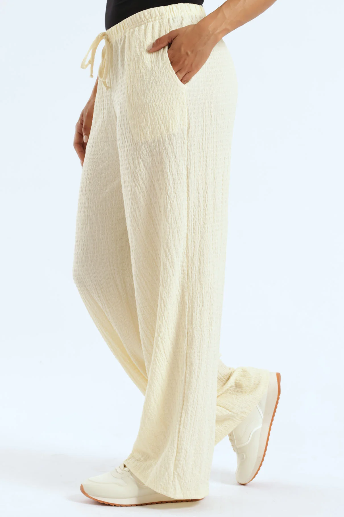 Crinkle Knit Elasticated Waist Pants - Cream - Image 3