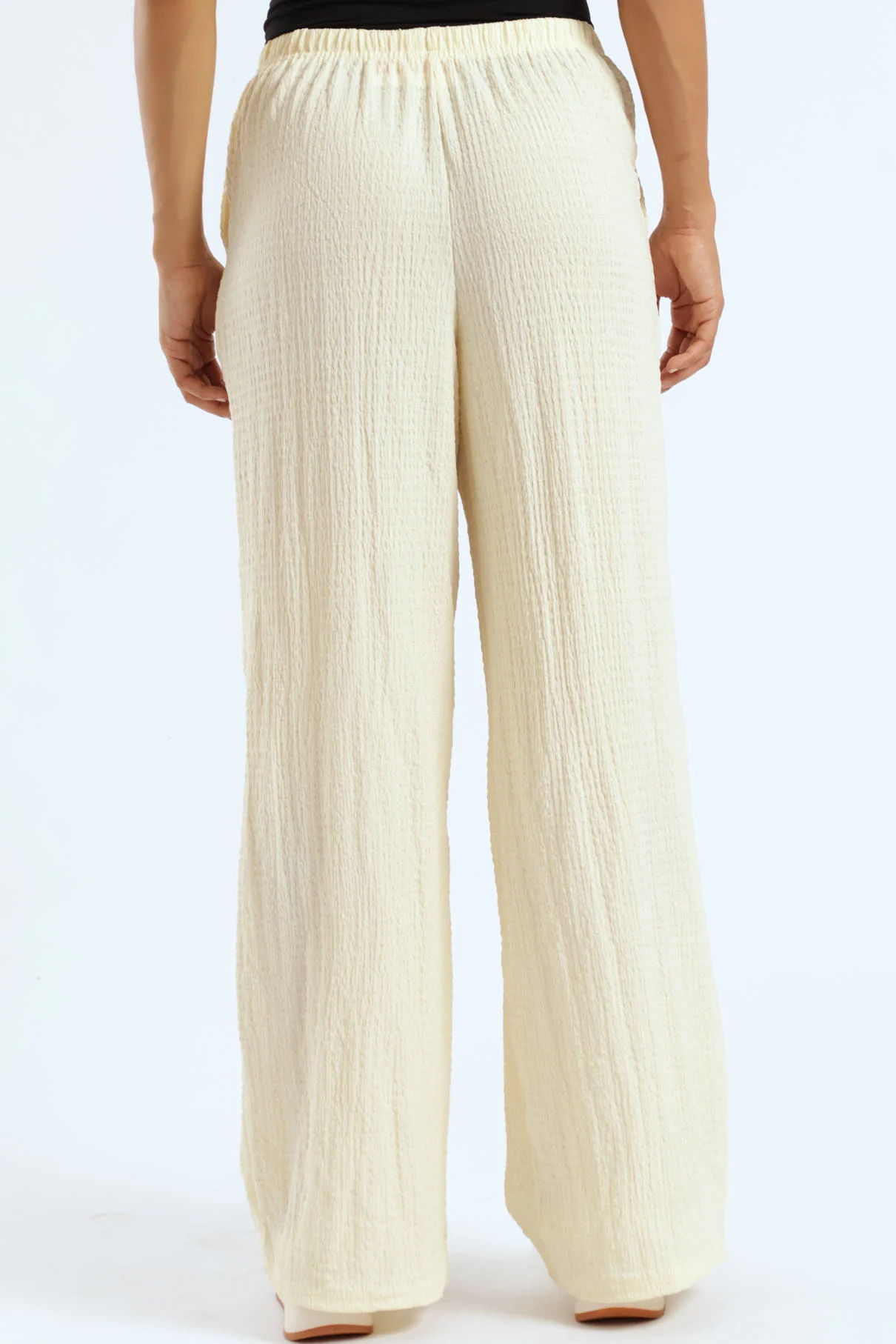 Crinkle Knit Elasticated Waist Pants - Cream - Image 4