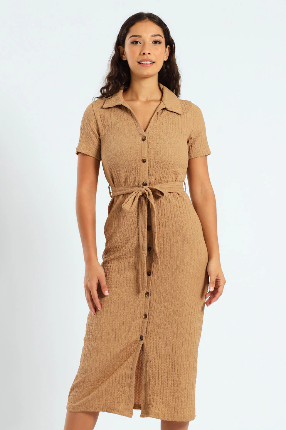 Crinkle Knit Midi Shirt Dress - Tan - Image 4