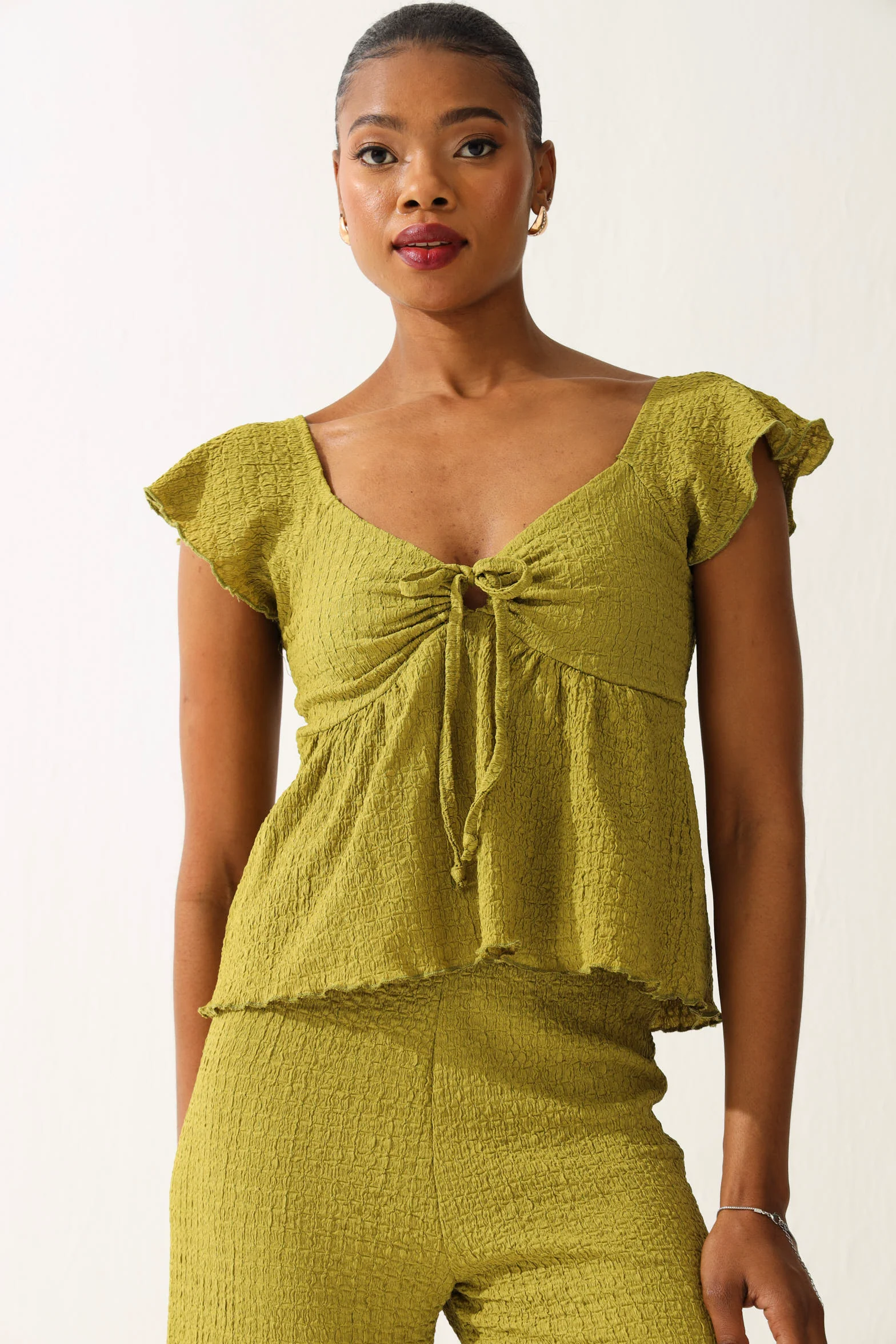 Crinkle Knit Peplum Top - Olive - Image 2