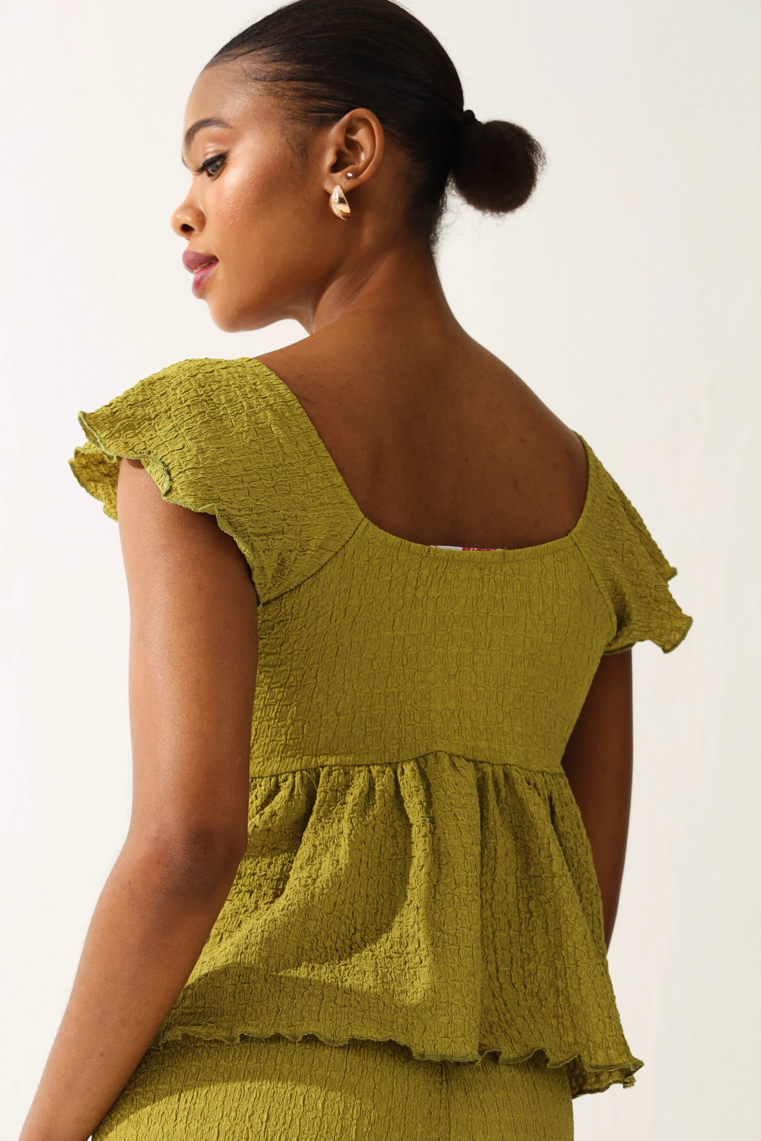Crinkle Knit Peplum Top - Olive - Image 4
