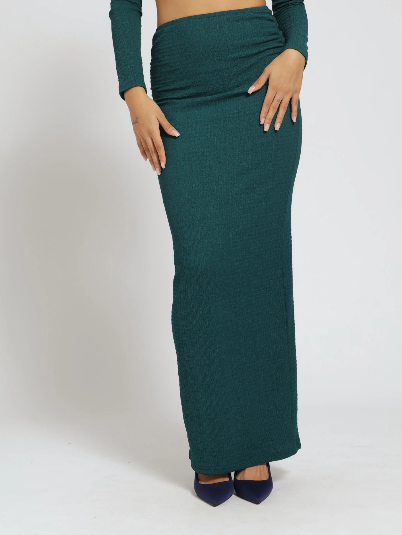 Crinkle Knit Ruched Side Skirt - Teal