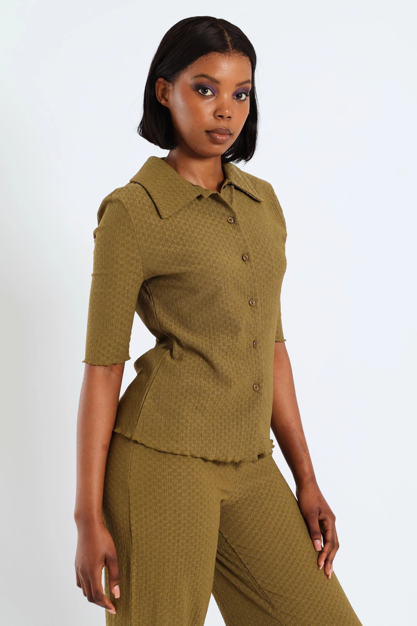 Crinkle Knit Short Sleeve Shirt - Fatigue - Image 3