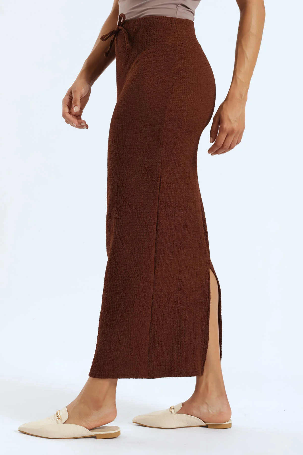 Crinkle Knit Tie Front Maxi Skirt - Chocolate - Image 3