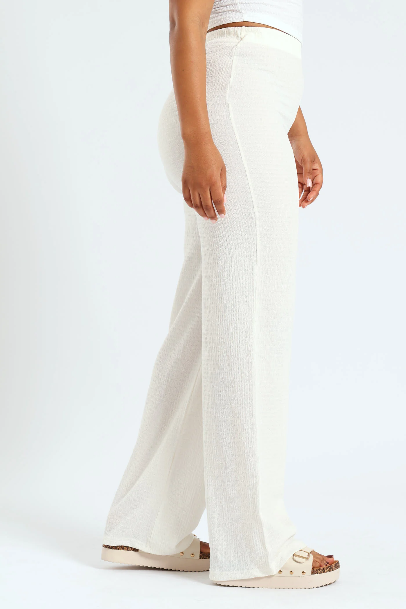 Crinkle Knit Wide Leg Pants - Cream