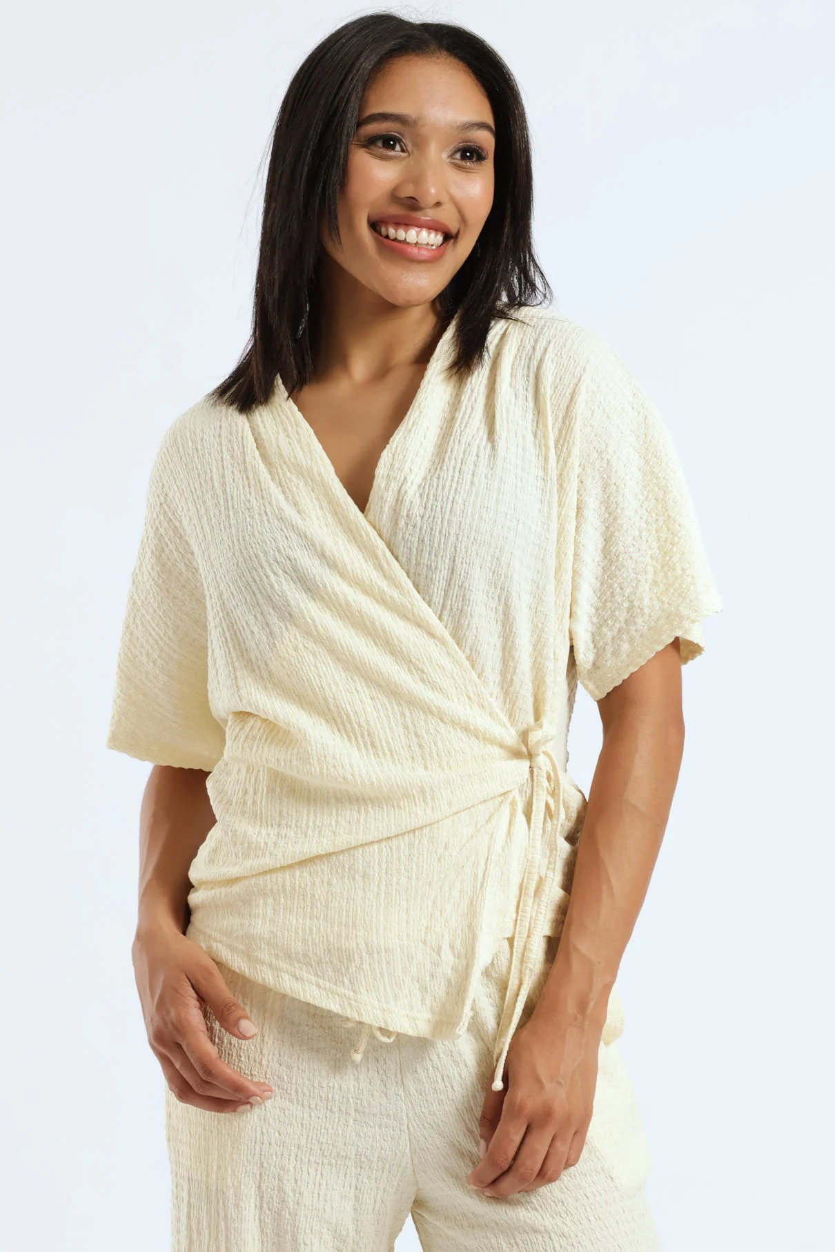 Crinkle Knit Wrap Longer Length Top - Cream