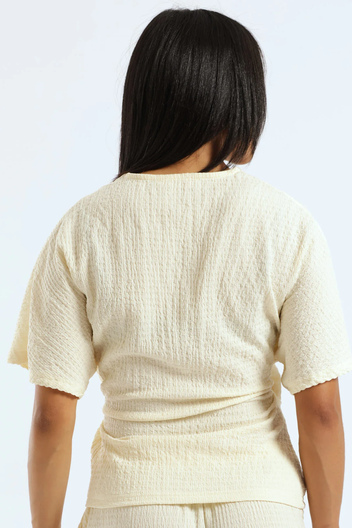 Crinkle Knit Wrap Longer Length Top - Cream - Image 6