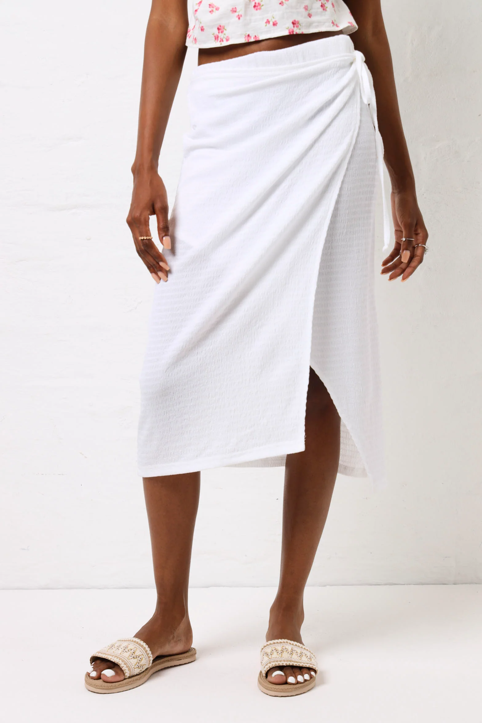 Crinkle Knit Wrap Skirt - White - Image 2