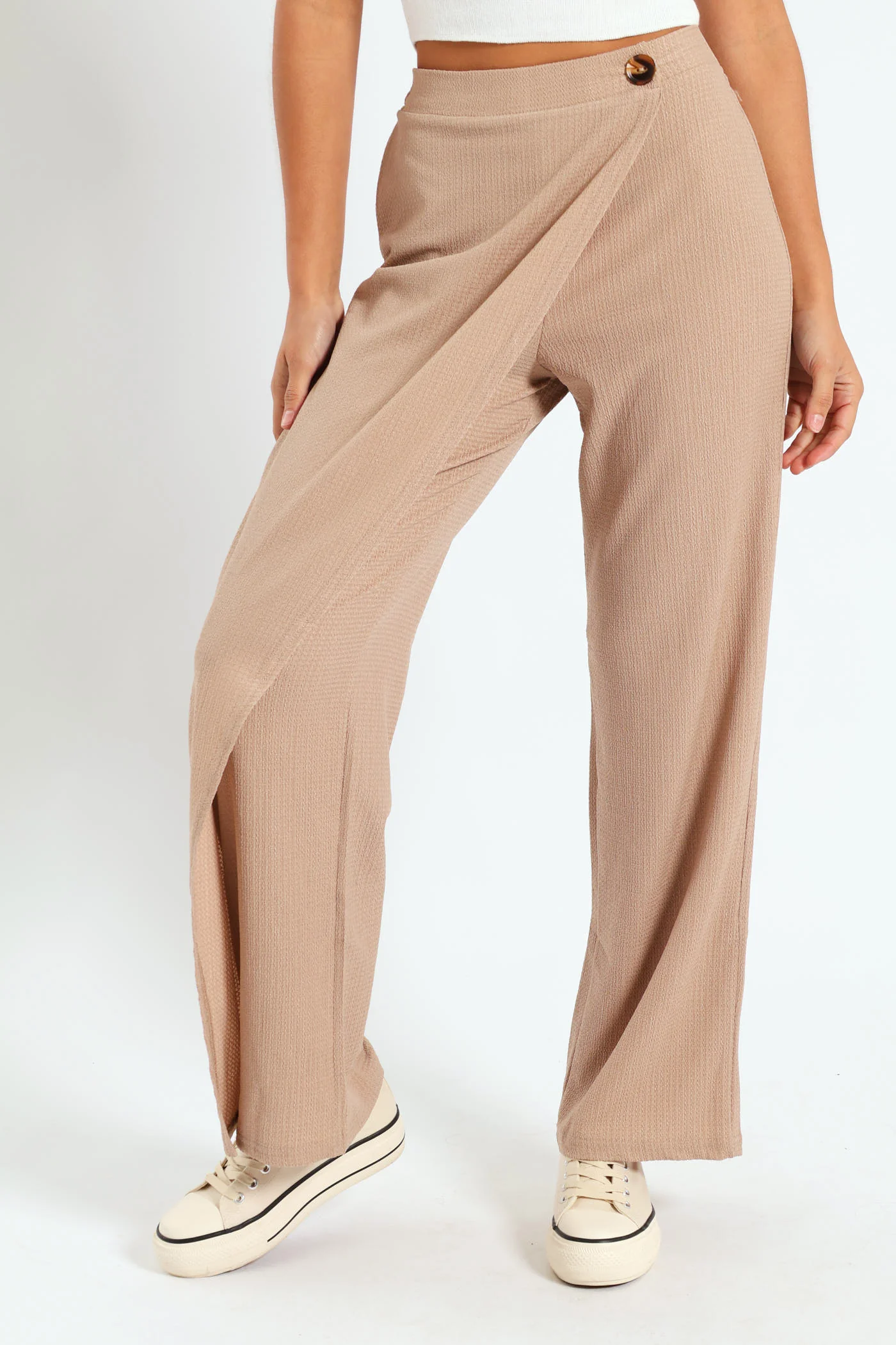 Crinkle Knit Wrap Wideleg Pants - Beige