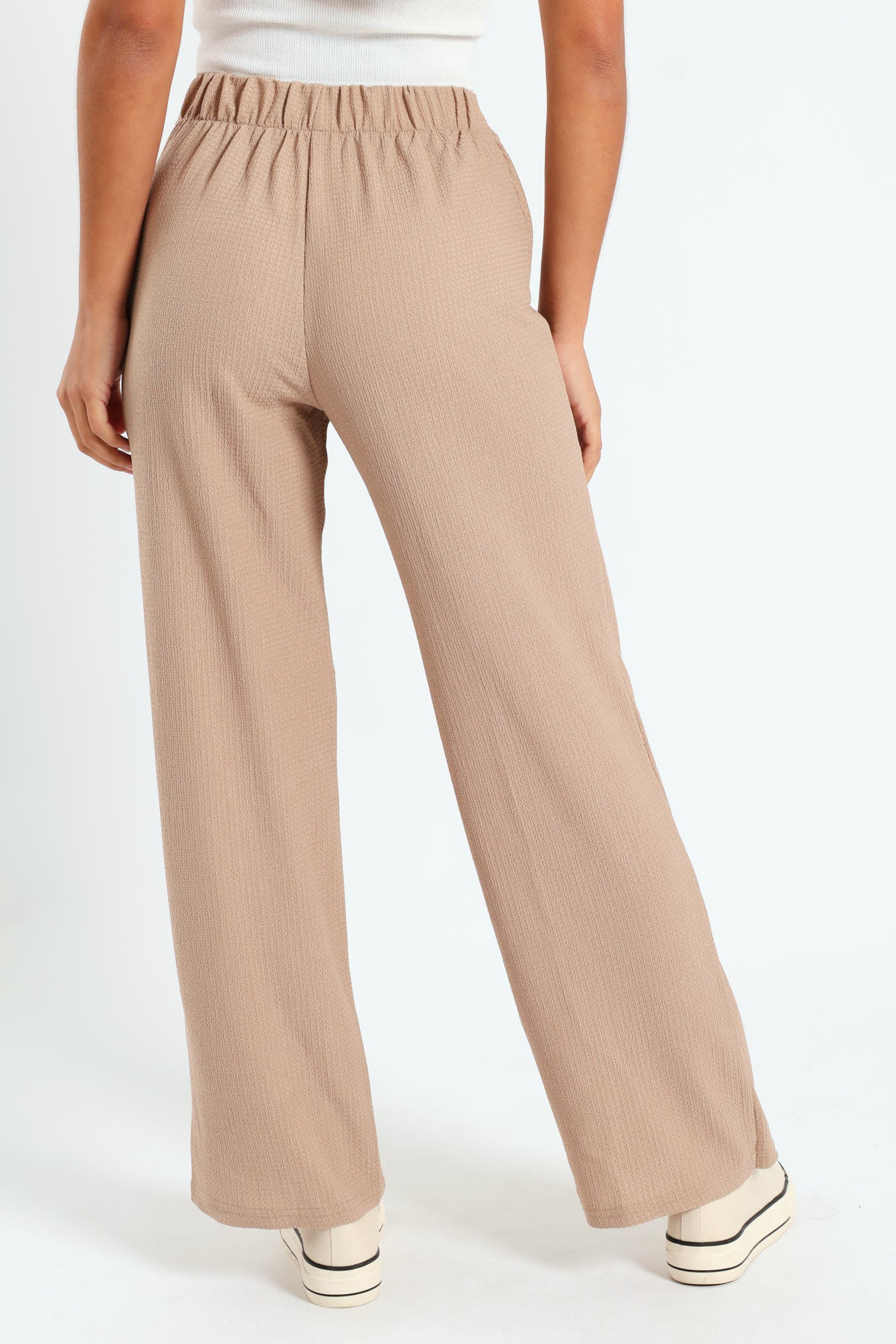 Crinkle Knit Wrap Wideleg Pants - Beige - Image 3