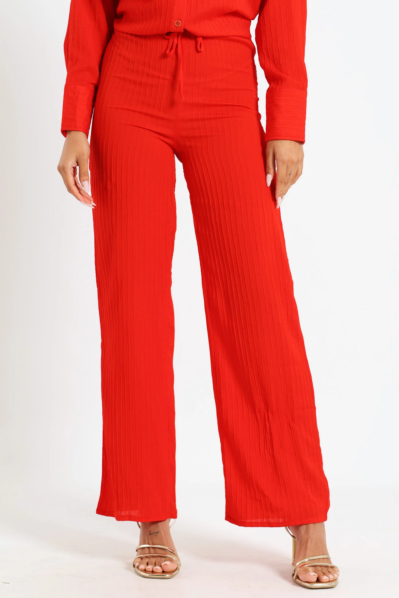 Crinkle Wideleg Pants - Red