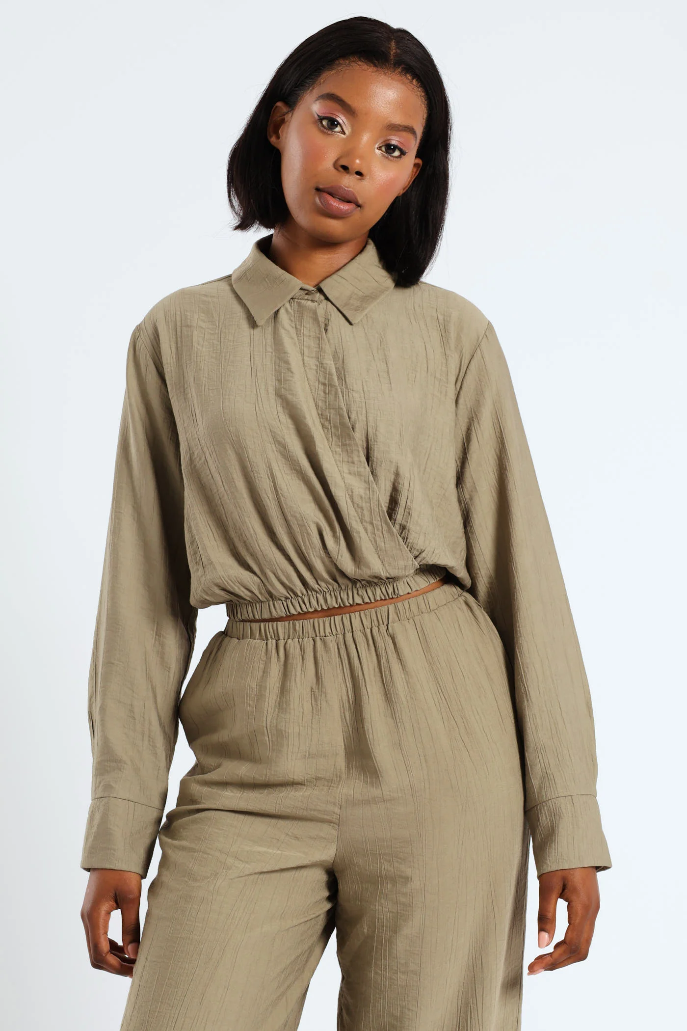 Crinkle Woven Long Sleeve Shirt - Sage