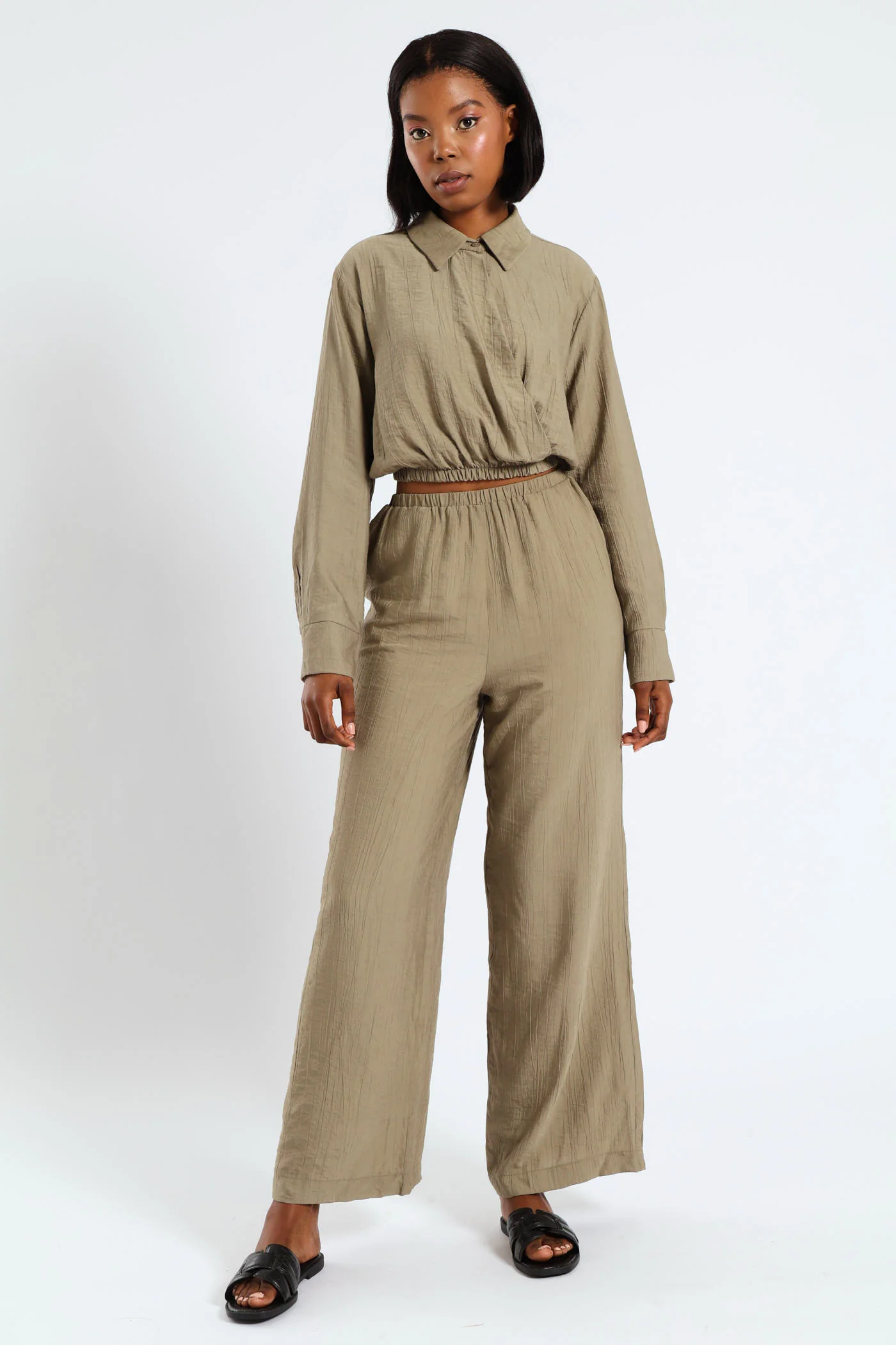 Crinkle Woven Long Sleeve Shirt - Sage - Image 2