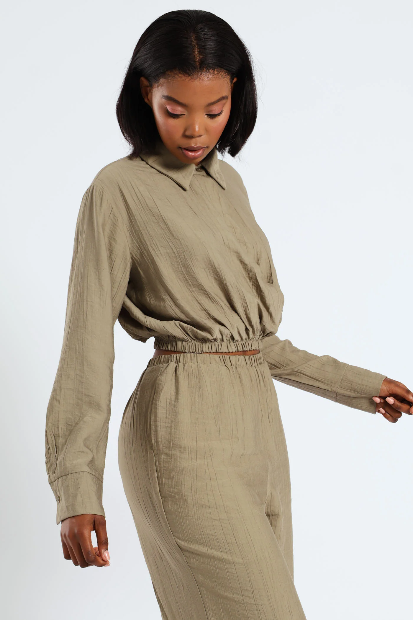 Crinkle Woven Long Sleeve Shirt - Sage - Image 3