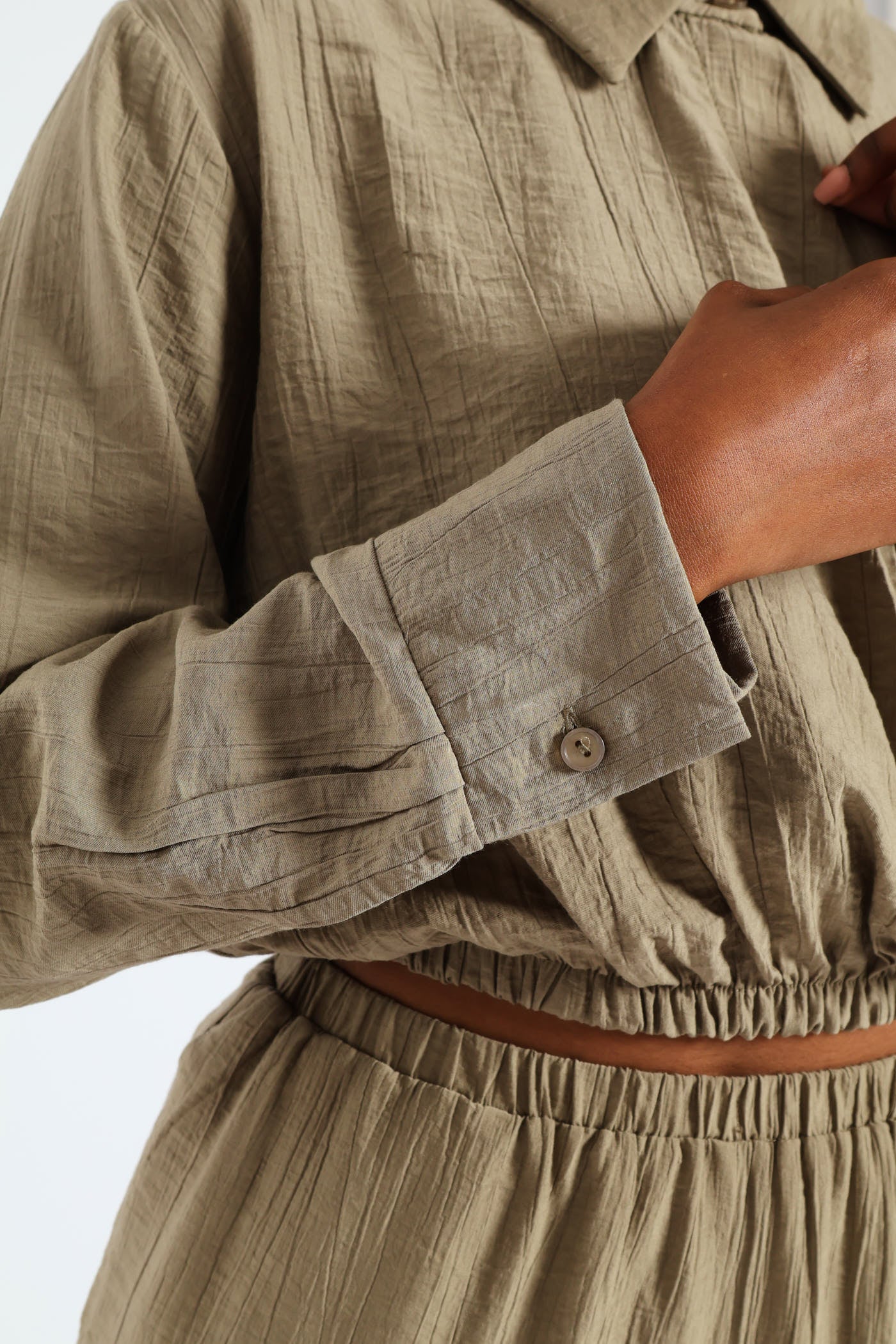 Crinkle Woven Long Sleeve Shirt - Sage - Image 4