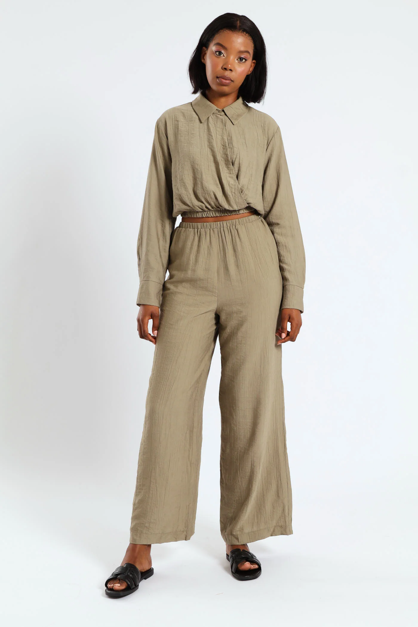 Crinkle Woven Wideleg Pants - Sage - Image 2