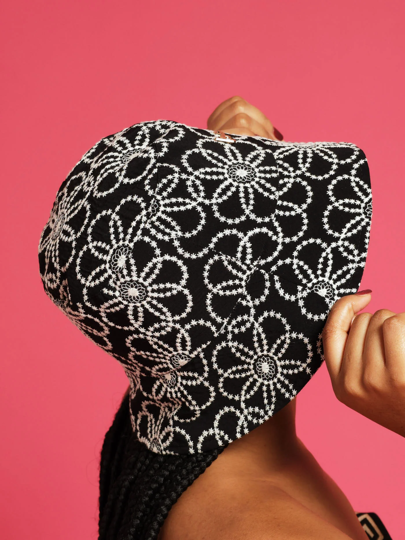Crochet Flower Bucket Hat - Black - Image 4