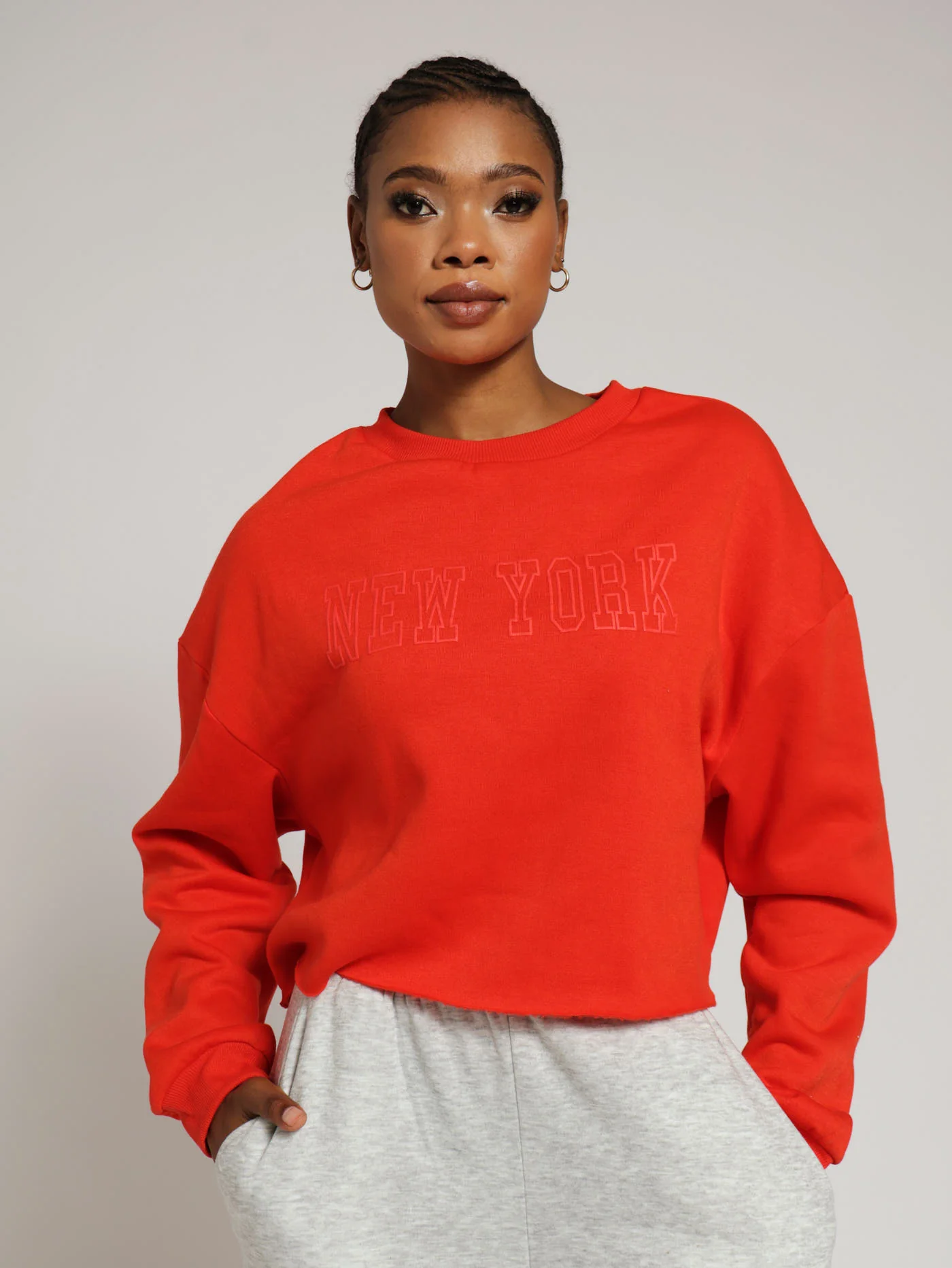 Cropped Crew Top With Print - Red