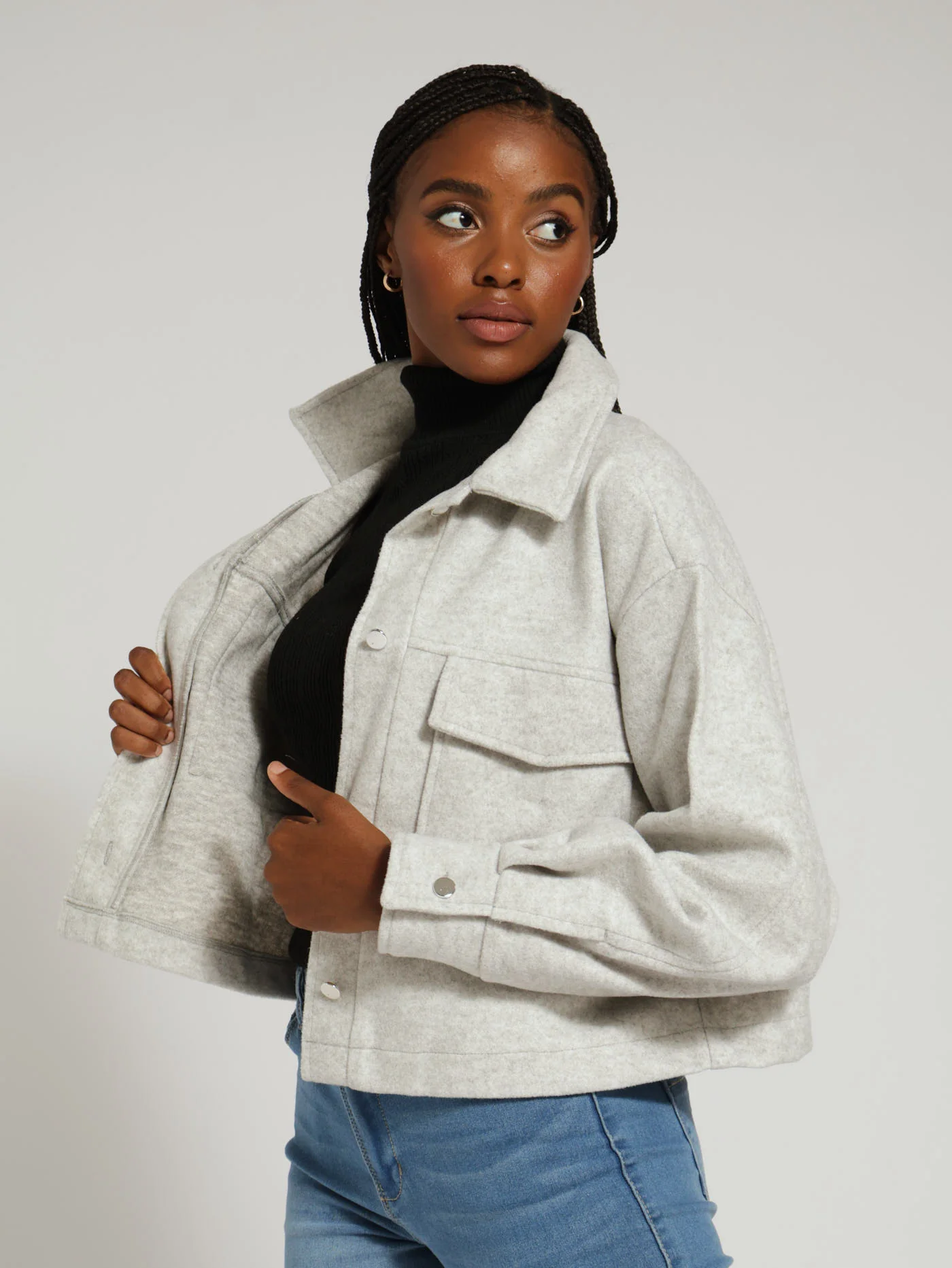 Cropped Fancy Button Shacket - Grey Melange - Image 2