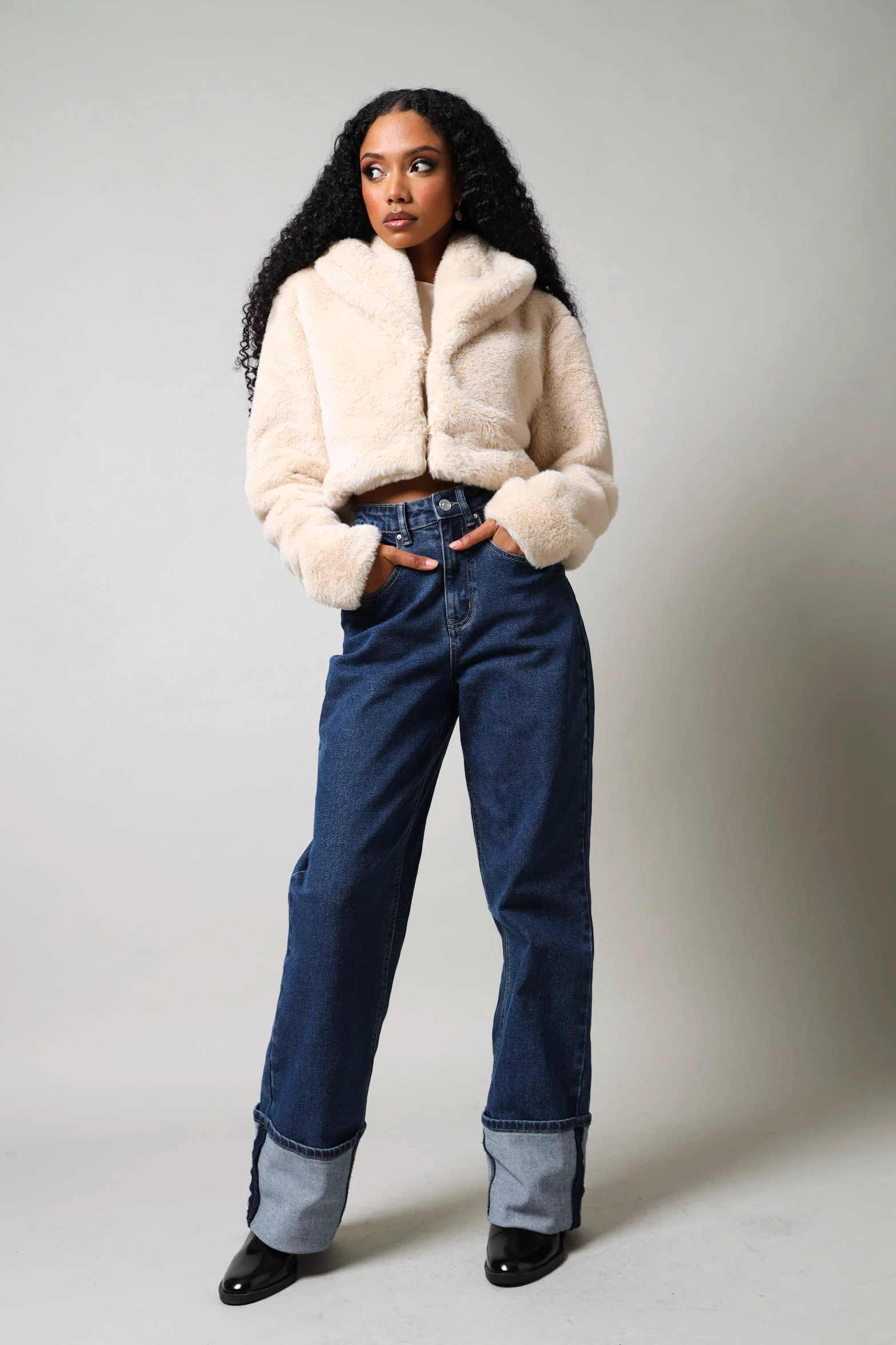 Cropped Faux Fur Jacket - Nude - Image 5