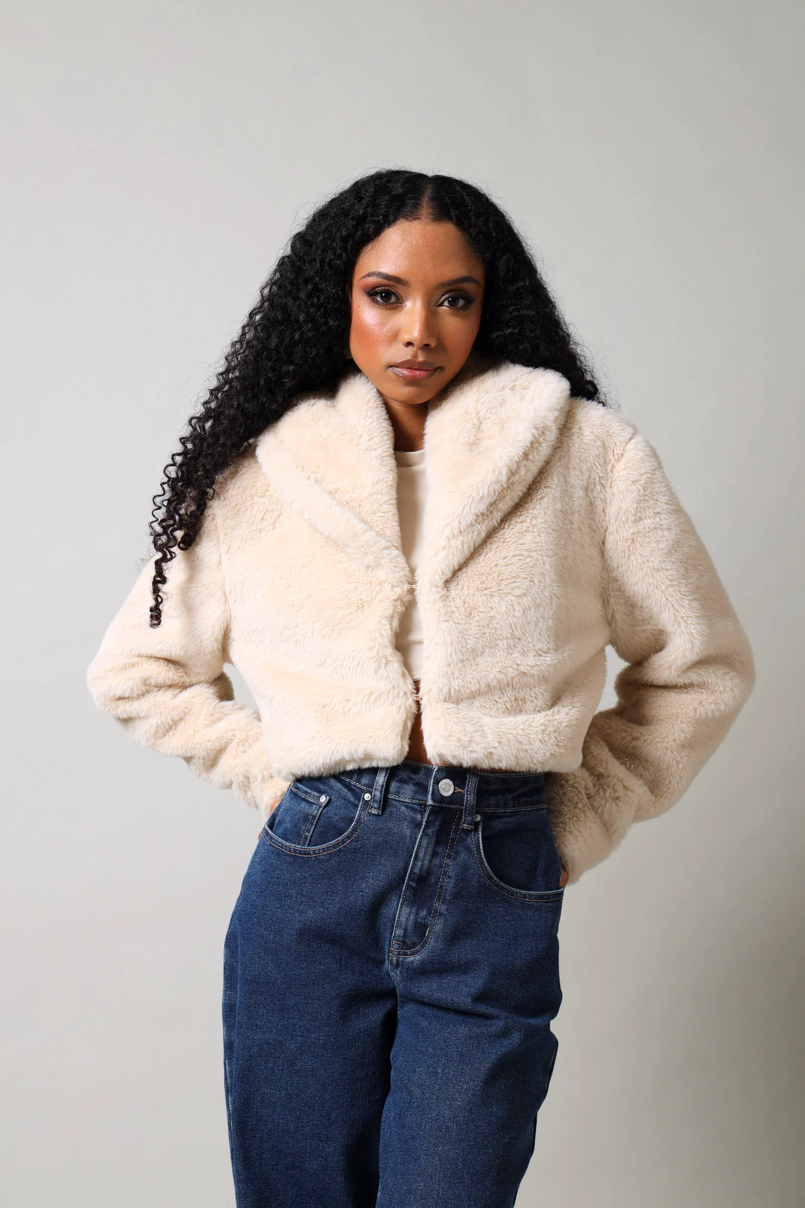 Cropped Faux Fur Jacket - Nude - Image 6