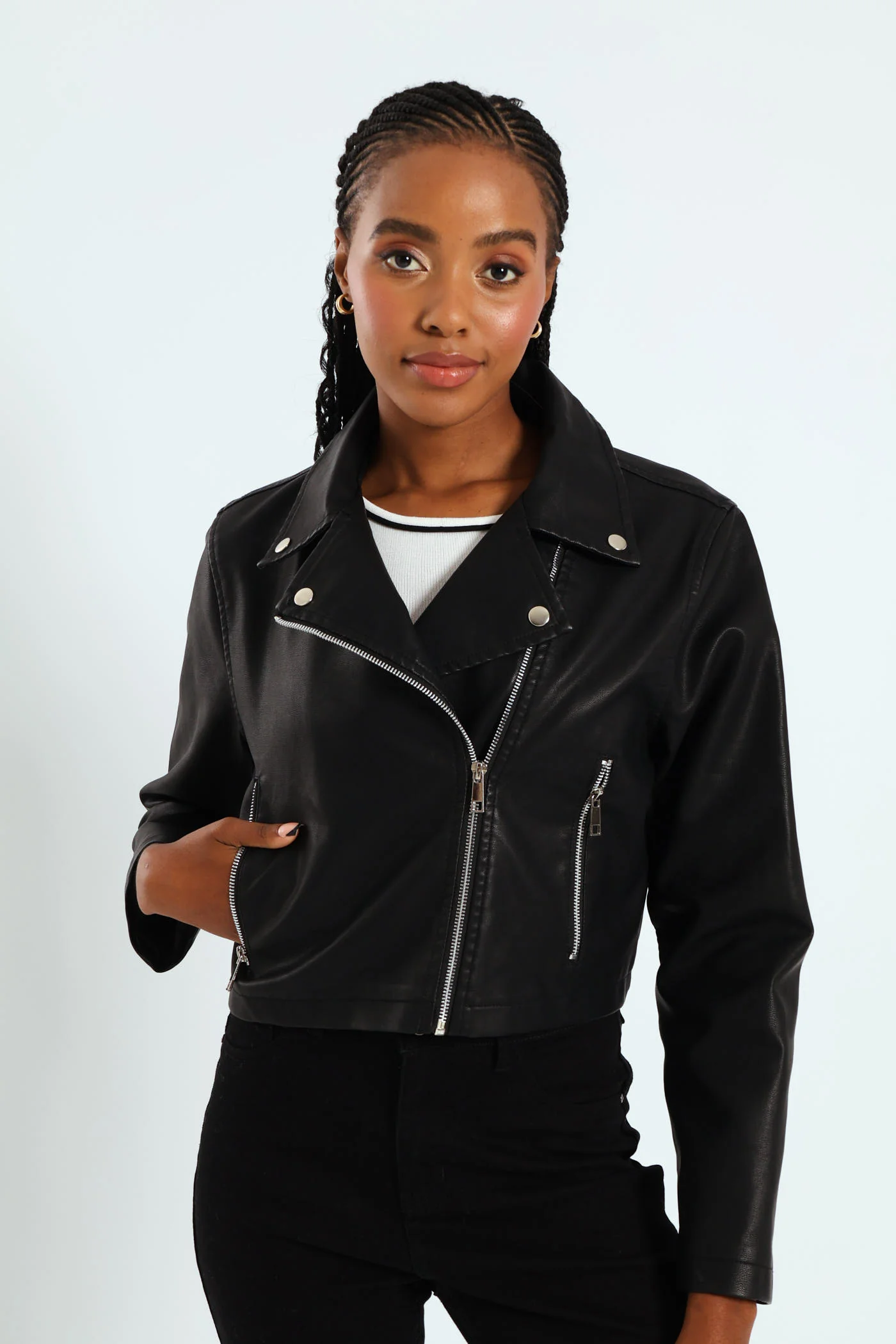 Cropped Pu Biker Jacket - Black