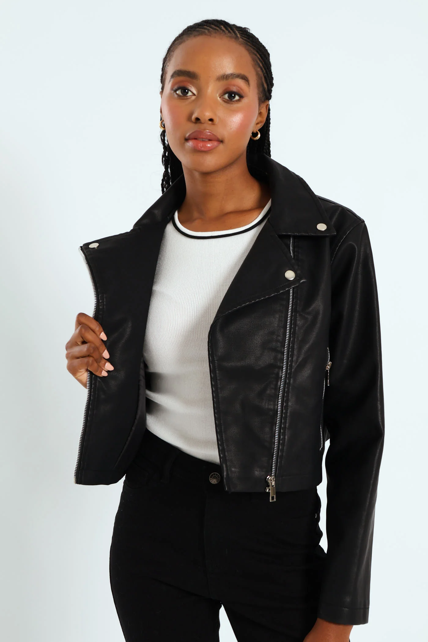 Cropped Pu Biker Jacket - Black - Image 3