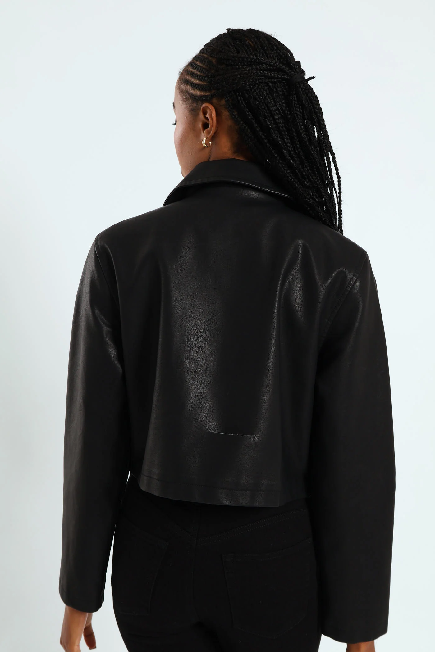 Cropped Pu Biker Jacket - Black - Image 5
