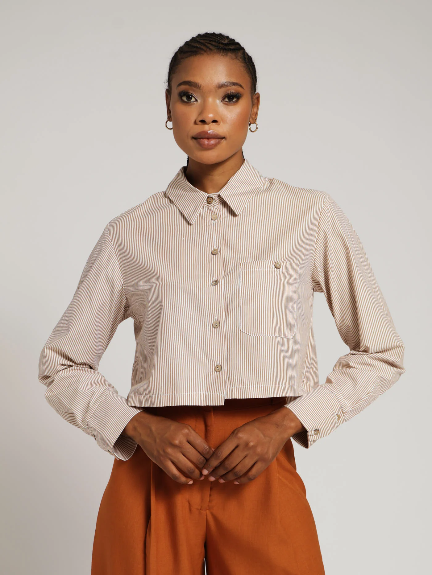 Cropped Stripe Shirt - Brown