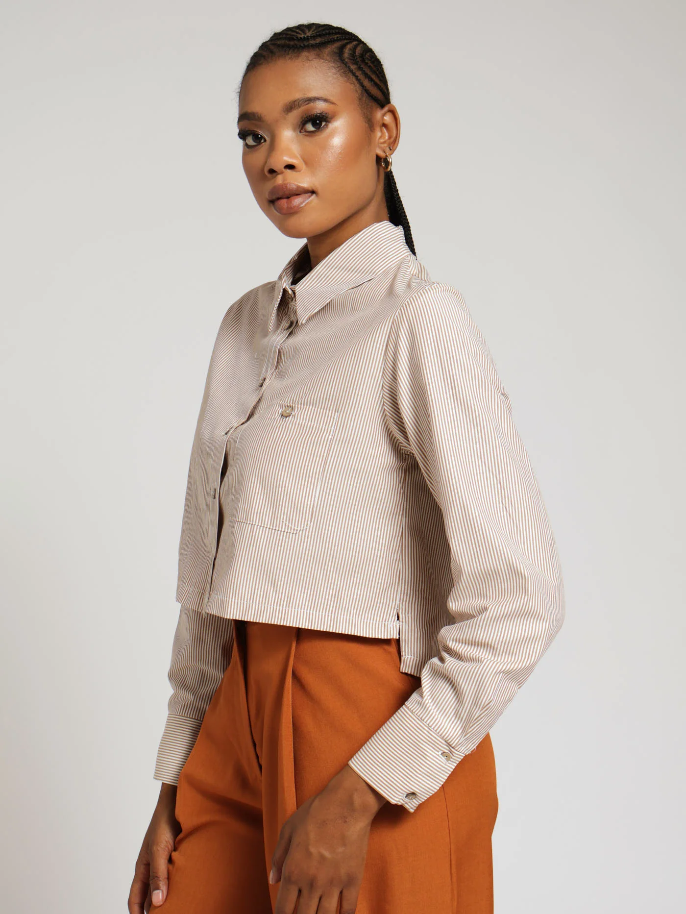 Cropped Stripe Shirt - Brown - Image 2