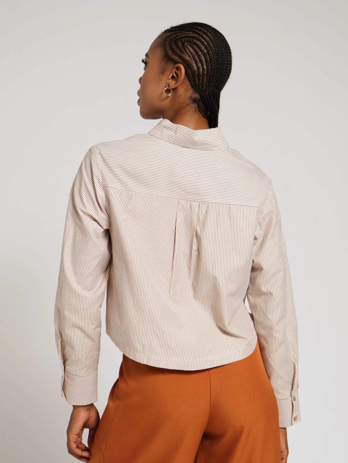 Cropped Stripe Shirt - Brown - Image 3