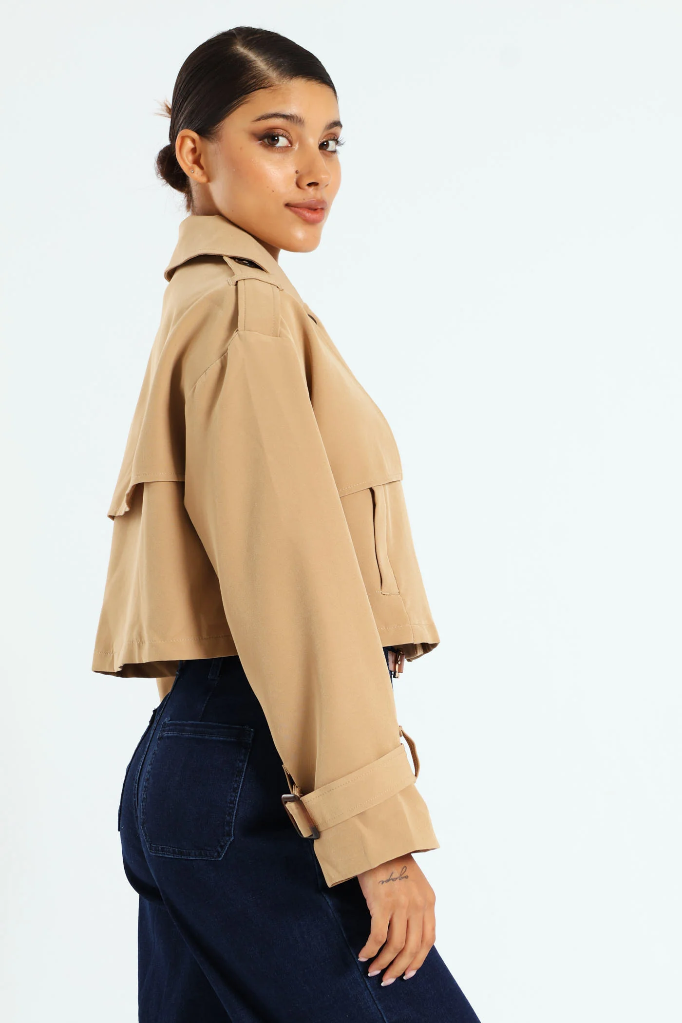 Cropped Trench Jacket - Beige - Image 4