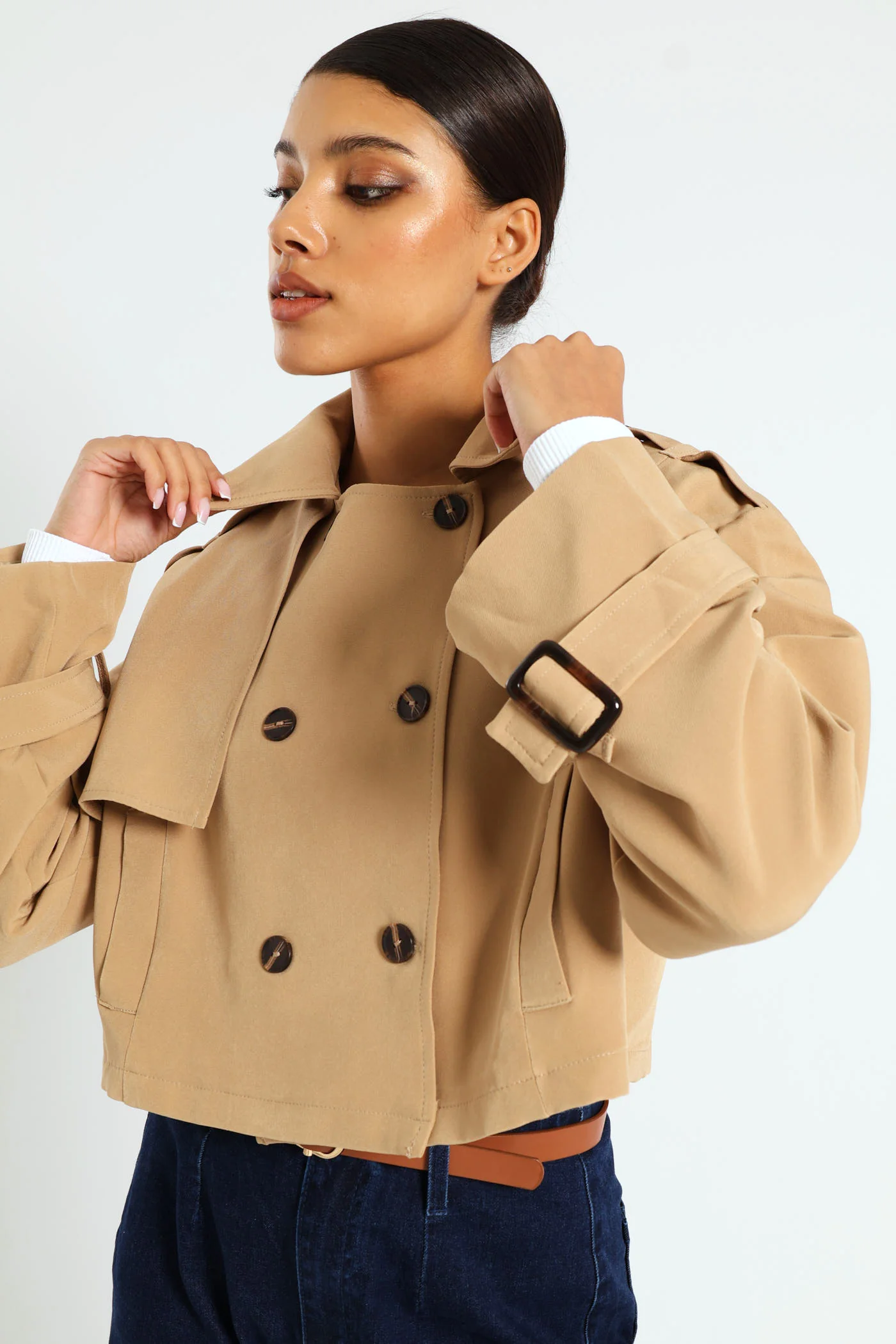 Cropped Trench Jacket - Beige - Image 7
