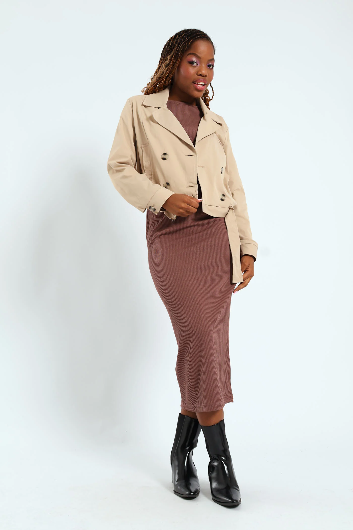 Cropped Twill Belted Trench Coat - Beige - Image 2