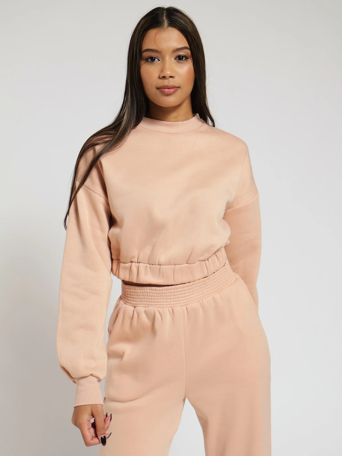Cropped Elastic Waist Fleece Top - Blush