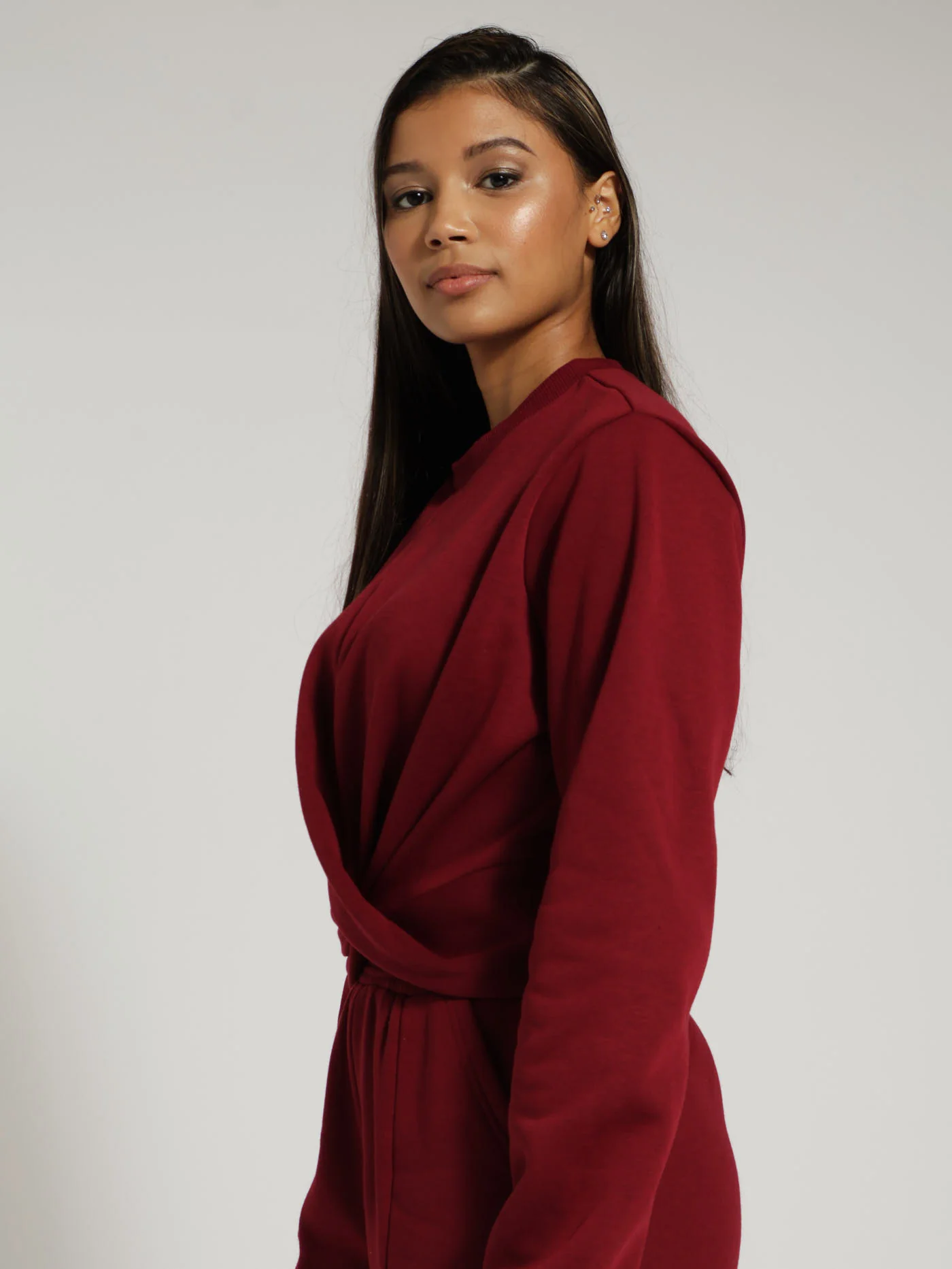 Cross Front Crew Neck Pullover - Burgundy - Image 2