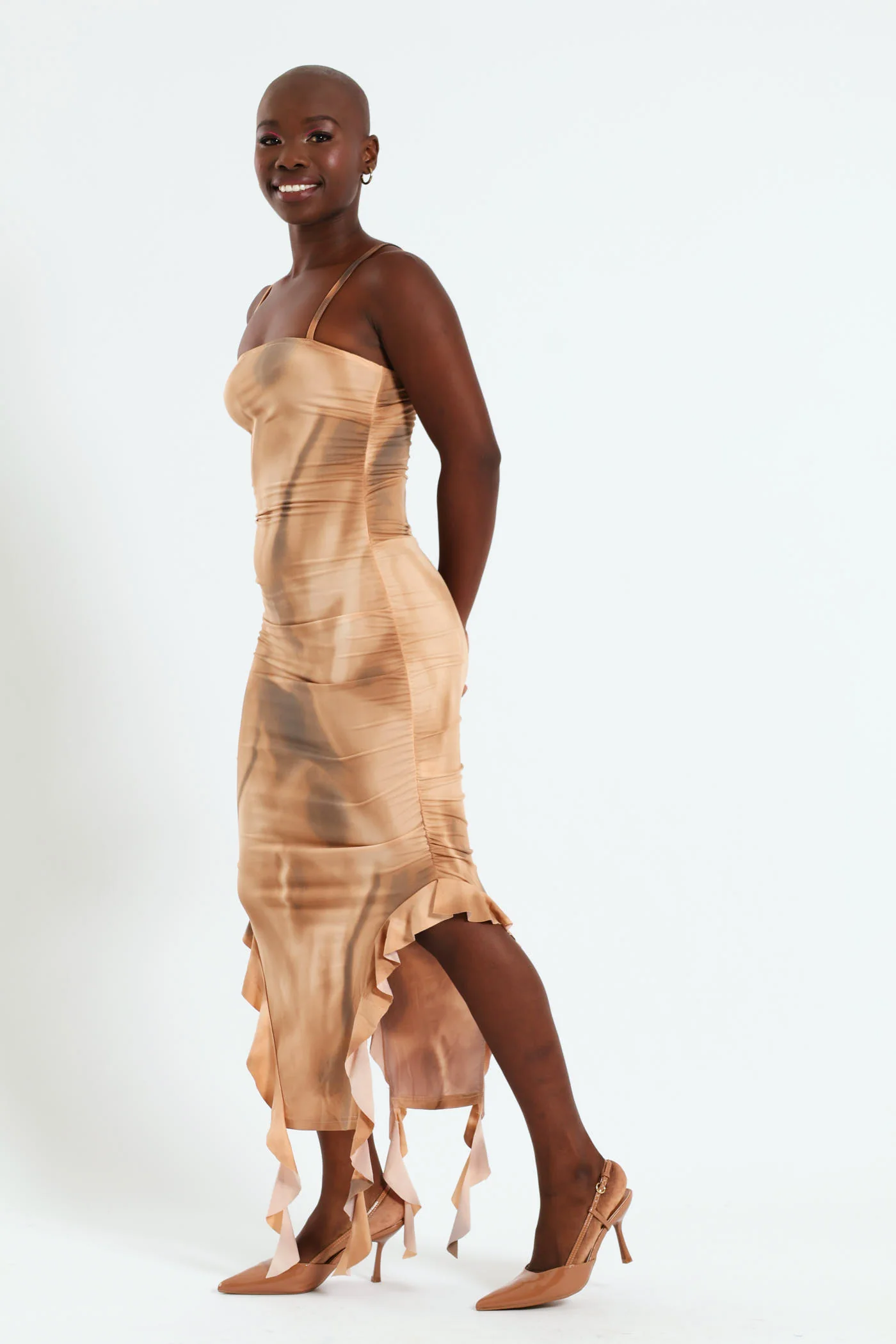 Cut Away Frill Hem Slinky Strap Dress - Multi - Image 2